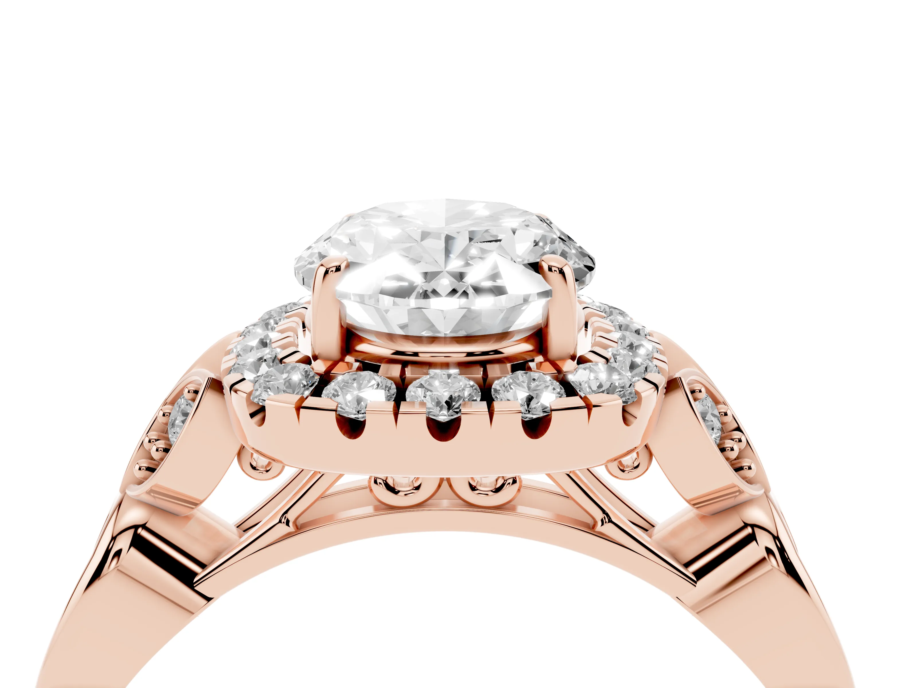 Oval Cut Diamond Halo Engagement Ring Set in Rose gold with Vintage-Inspired Band and Prong Setting