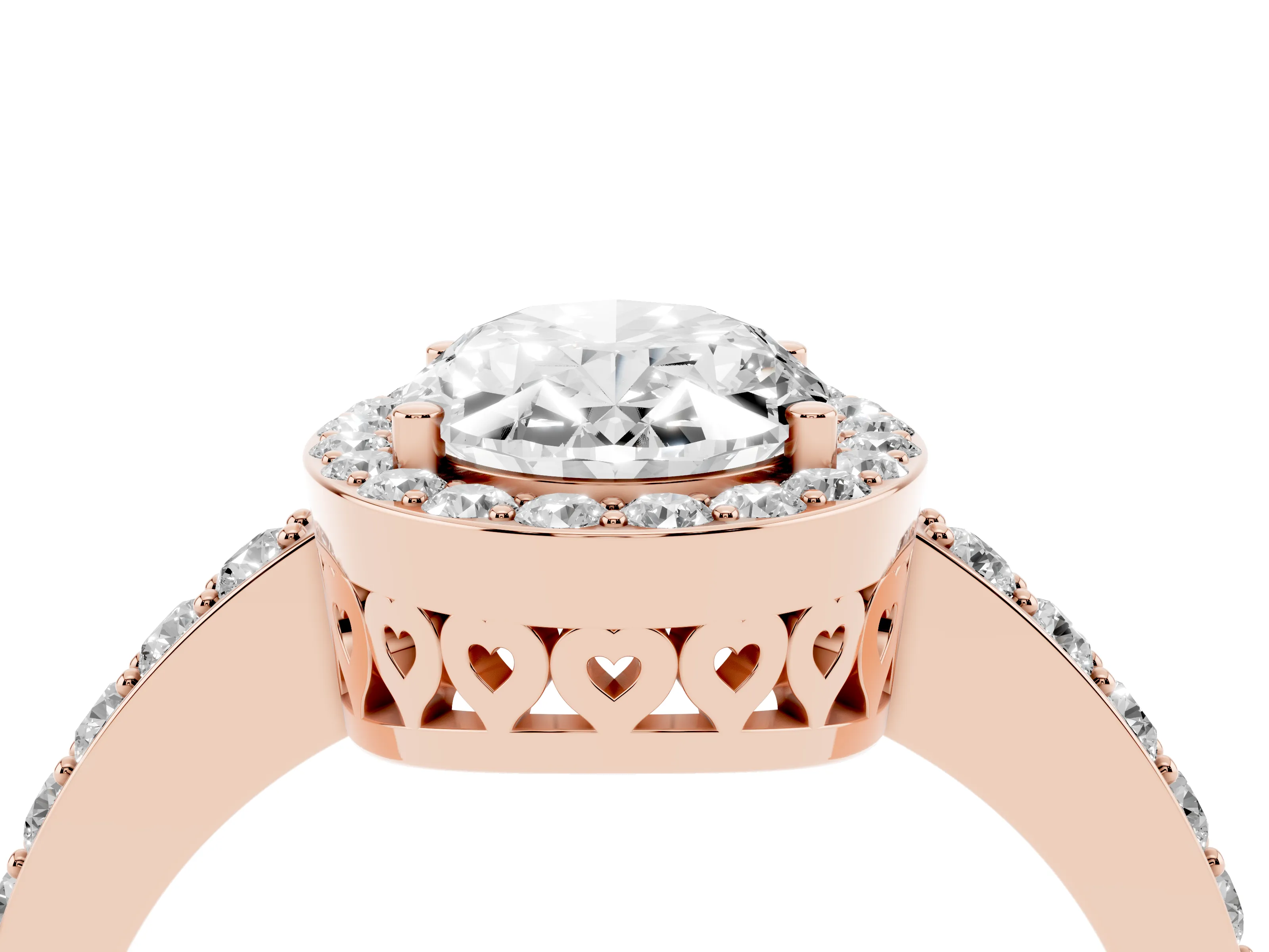 Oval Cut Diamond Halo Ring Set in Rose gold with Pavé-Setting Band and Open Prong Center