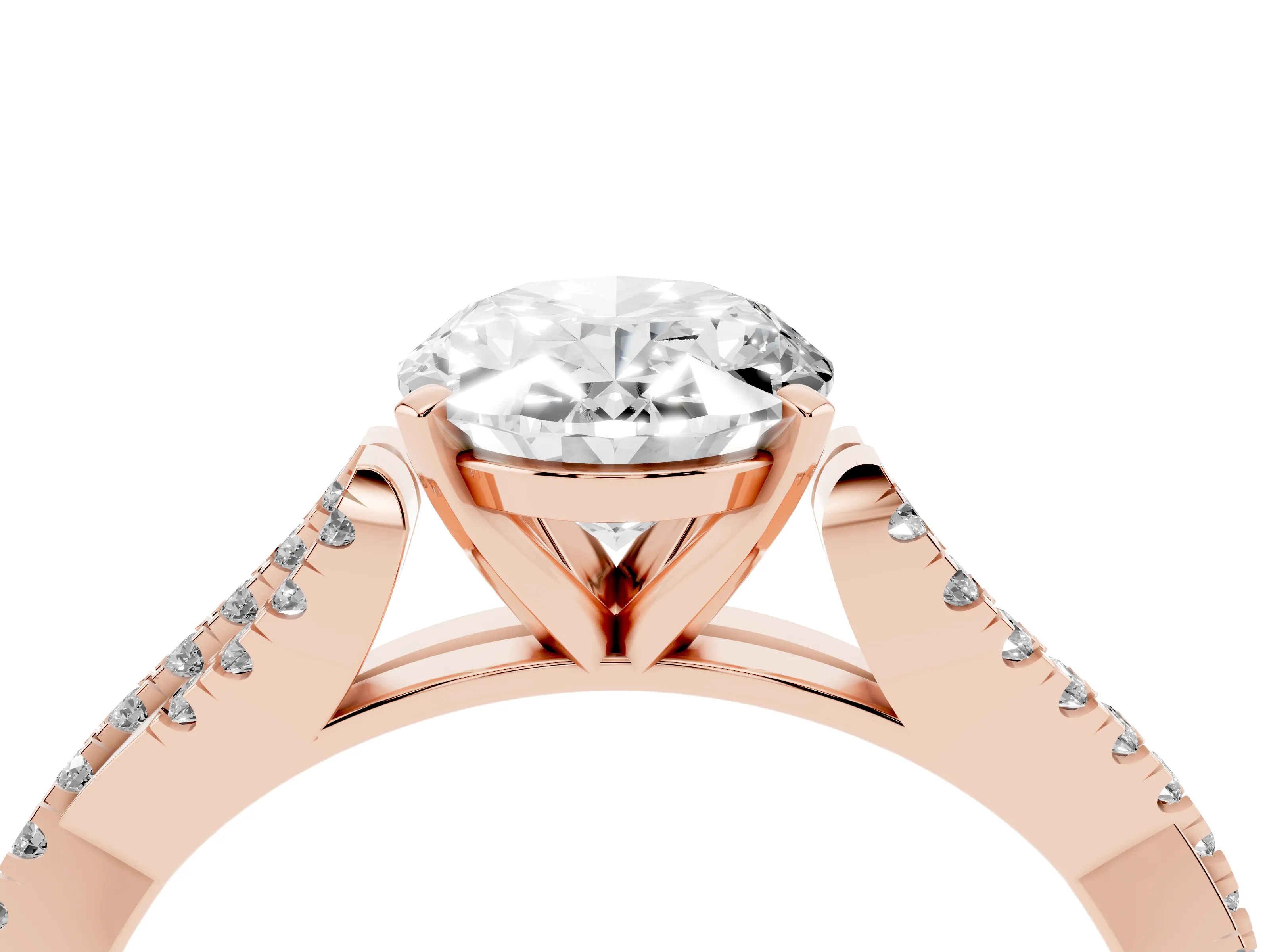 Oval Cut Diamond Solitaire Engagement Ring Set in Rose gold with Twisted Pavé Band and Prong Setting