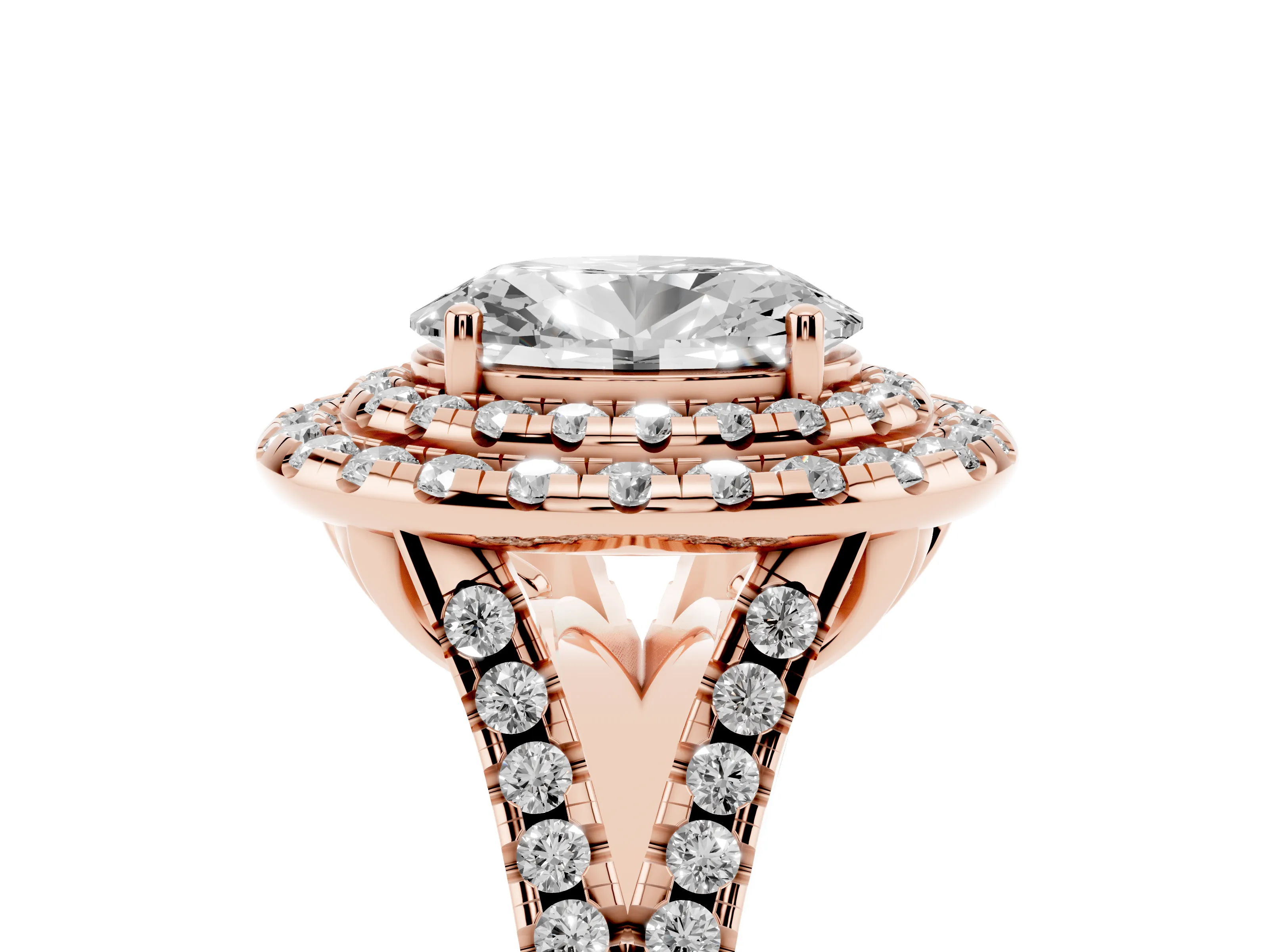 Oval Cut Diamond Double Halo Ring Set in Rose gold with Pavé Split Shank and Prong Setting