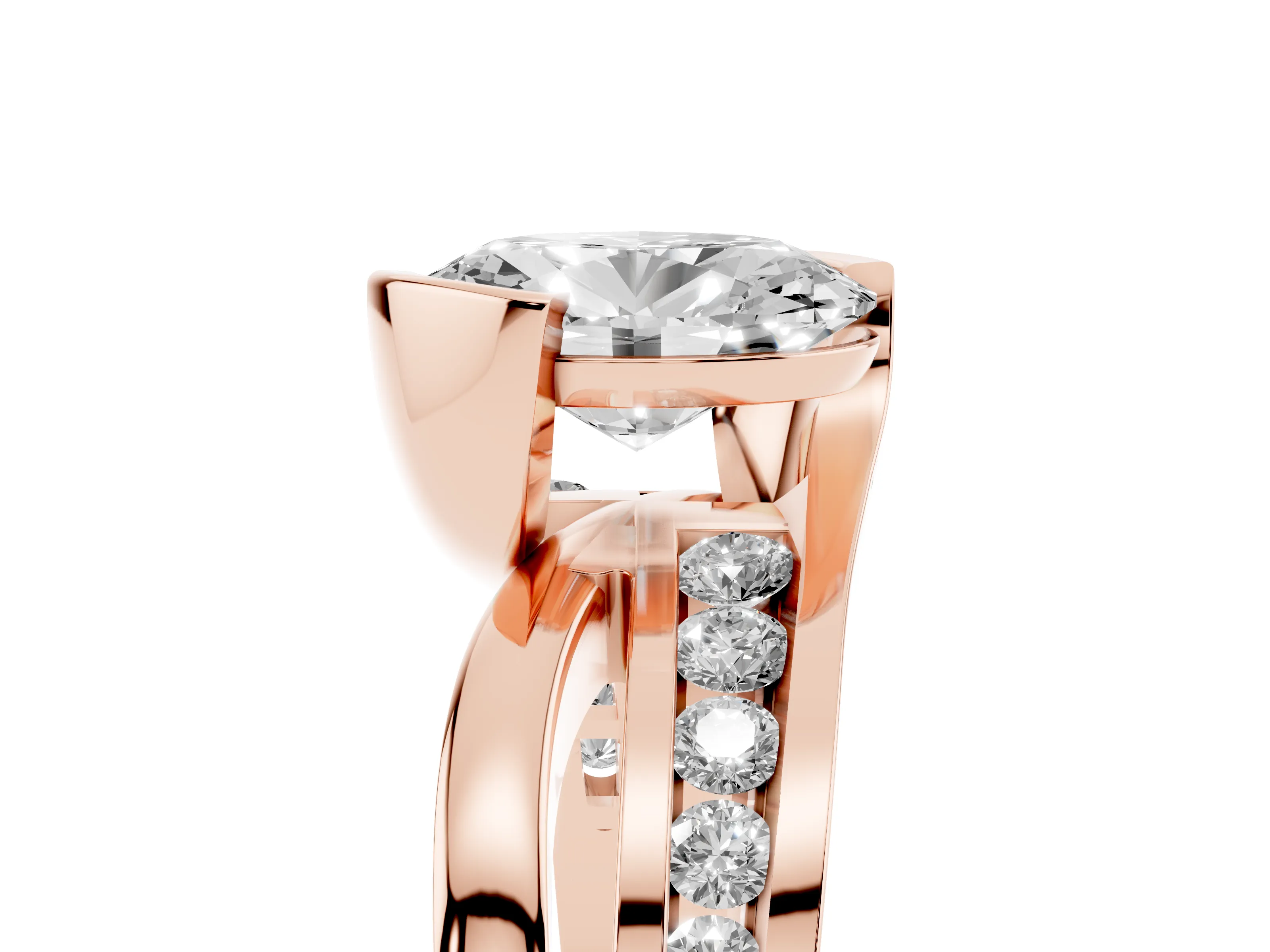 Oval Cut Diamond Solitaire Ring Set in Rose gold with Channel Set Split Shank and Tension Prongs