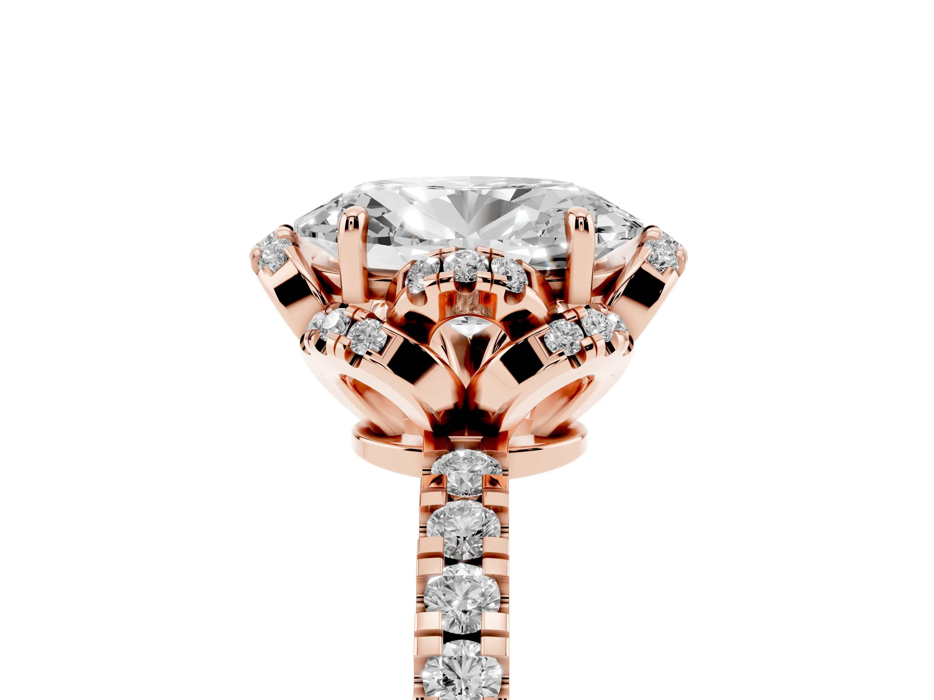 Oval Cut Diamond Halo Pavé Band Ring Set in Rose gold with Prong-Held Center