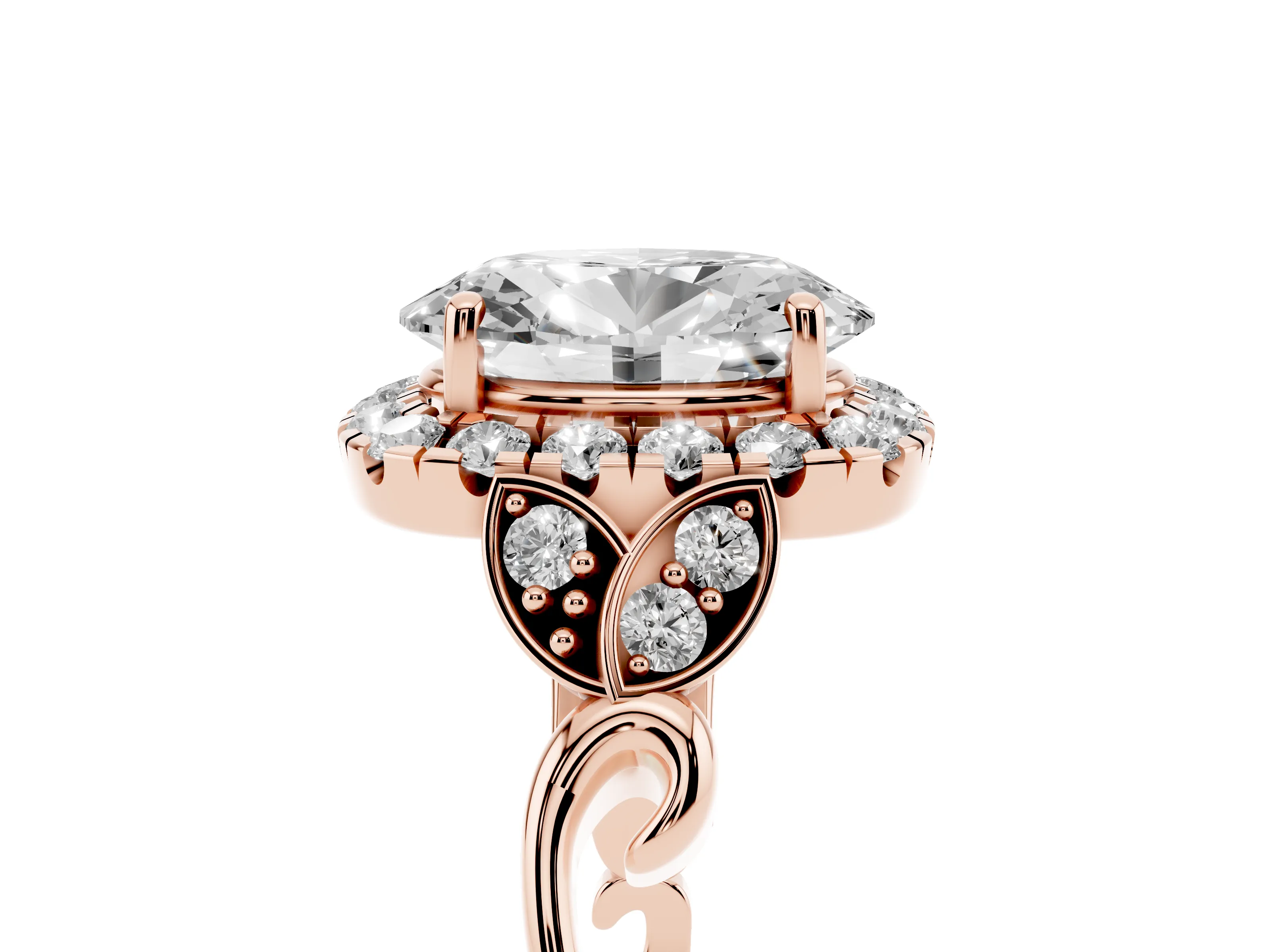 Oval Cut Diamond Halo Engagement Ring Set in Rose gold with Vintage-Inspired Band and Prong Setting