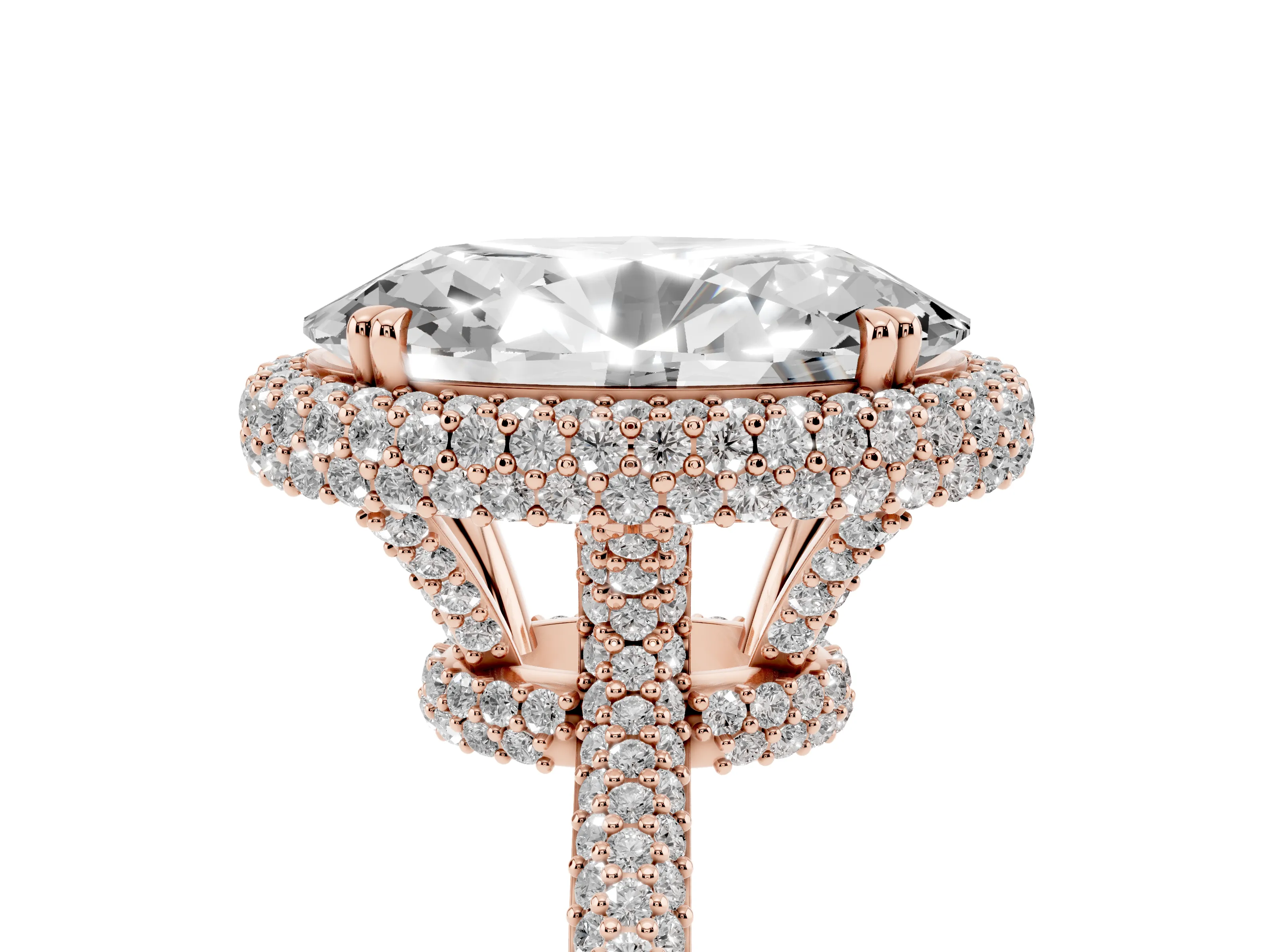 Oval Diamond Halo Ring Set in Rose gold with Round Accent Halo and Pavé Band