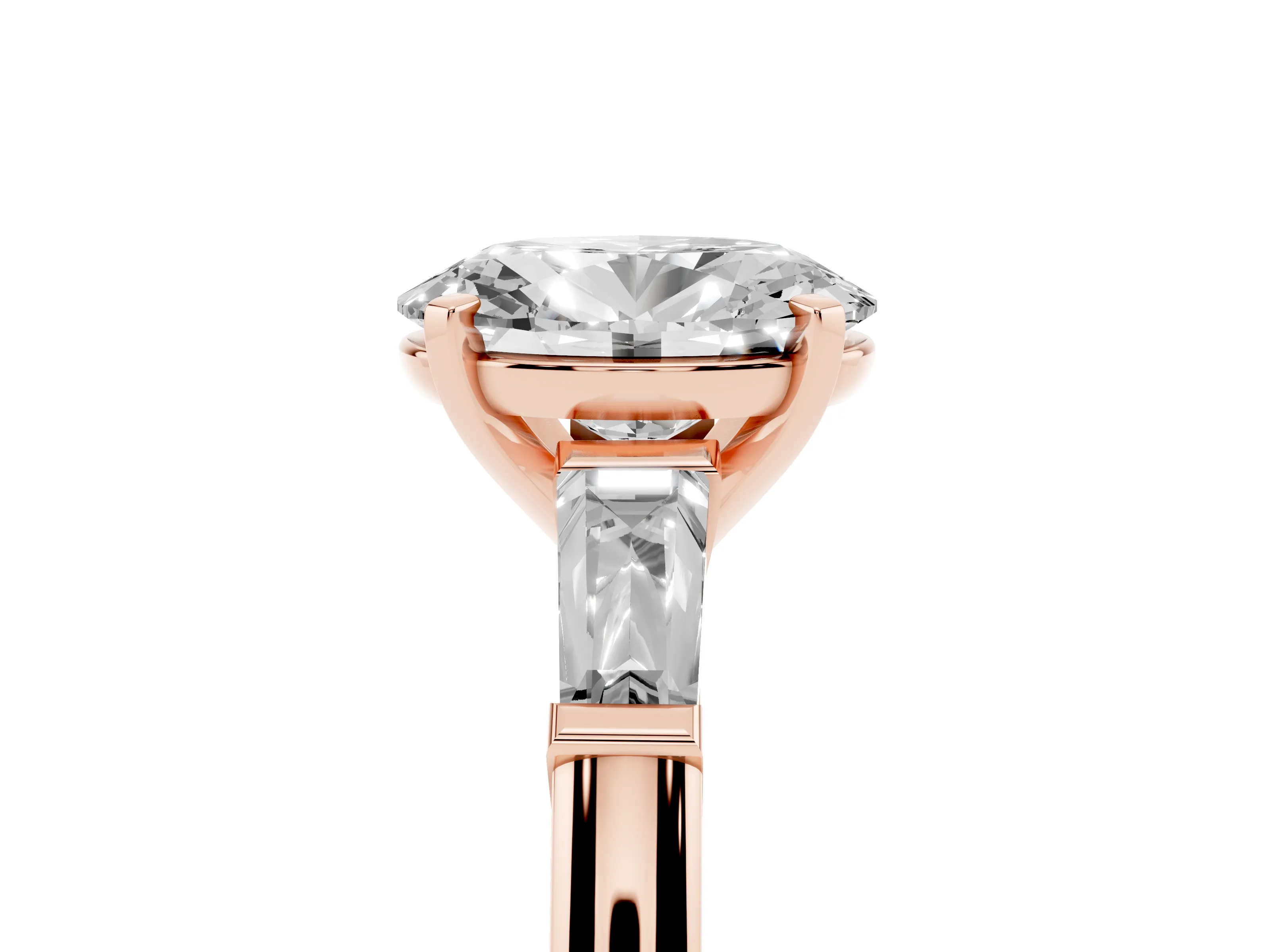 Oval Cut Diamond Solitaire Ring Set in Rose gold with Tapered Baguette Side Stones and Prong Setting