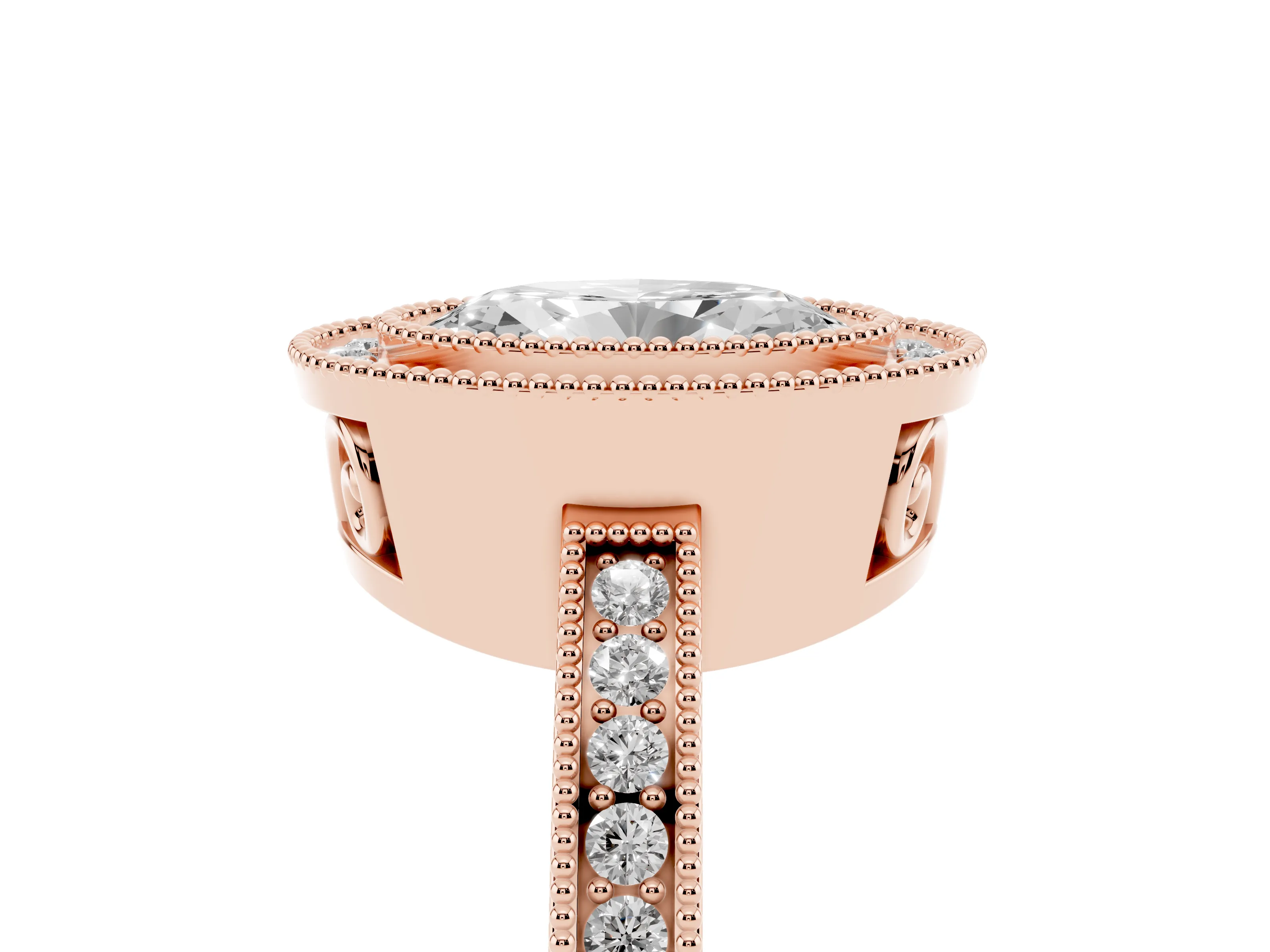 Oval Cut Diamond Halo Ring Set in Rose gold with Pavé Band and Milgrain-Edged Prongs