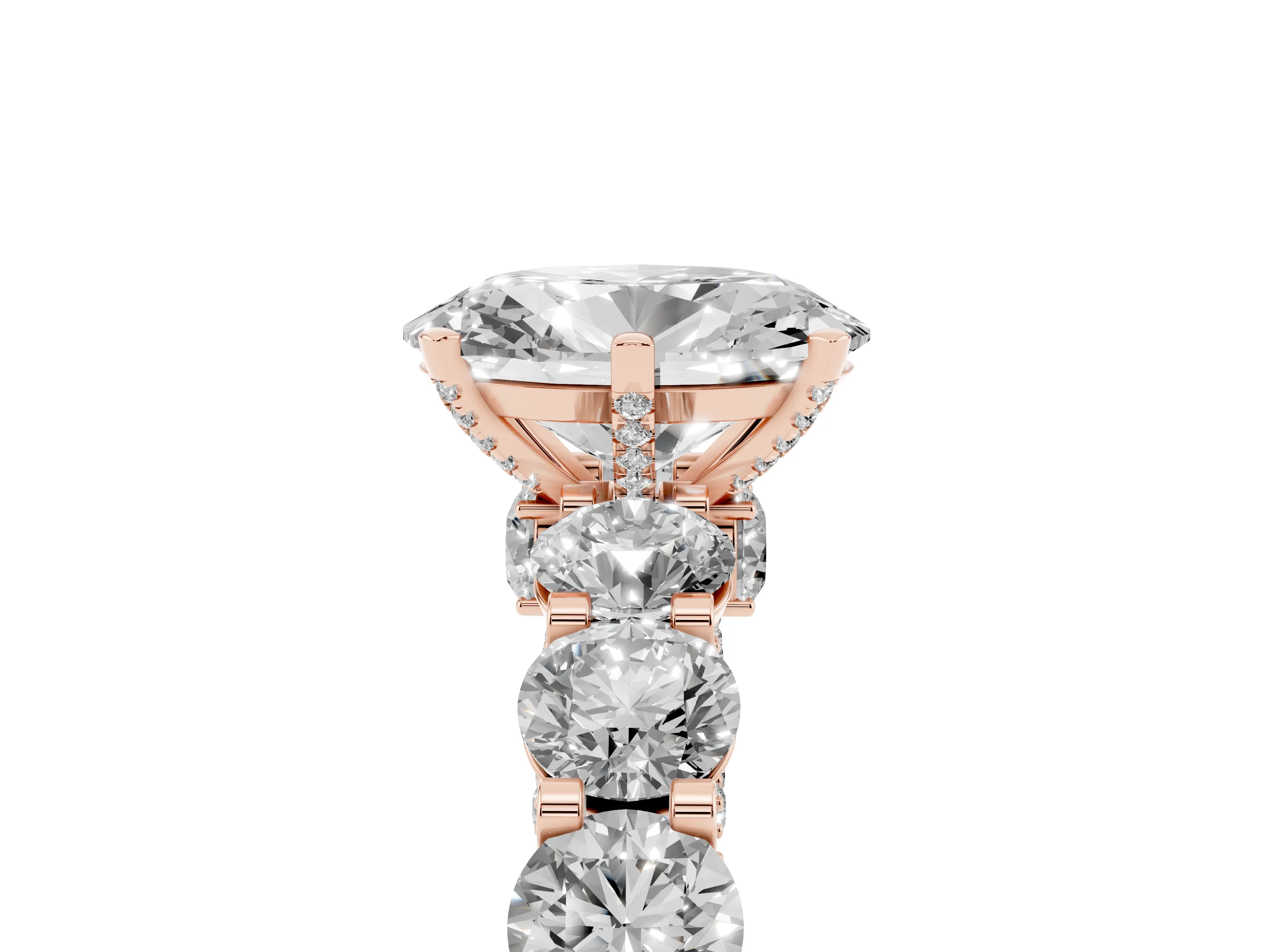 Oval Cut Diamond Side Stone Ring Set in Rose gold with Alternating Round and Oval Side Stones