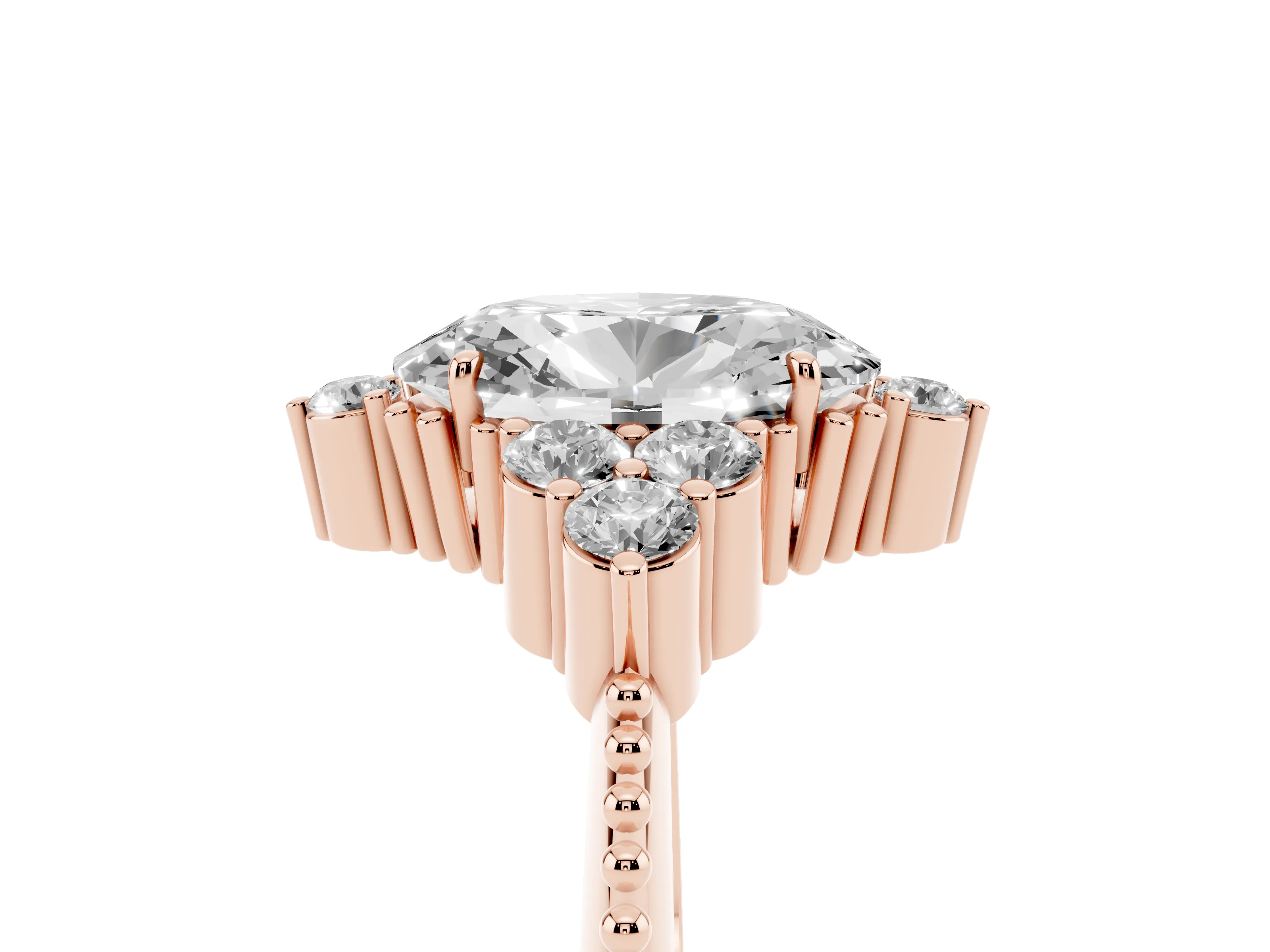 Oval Cut Diamond Cluster Ring Set in Rose gold with Beaded Band
