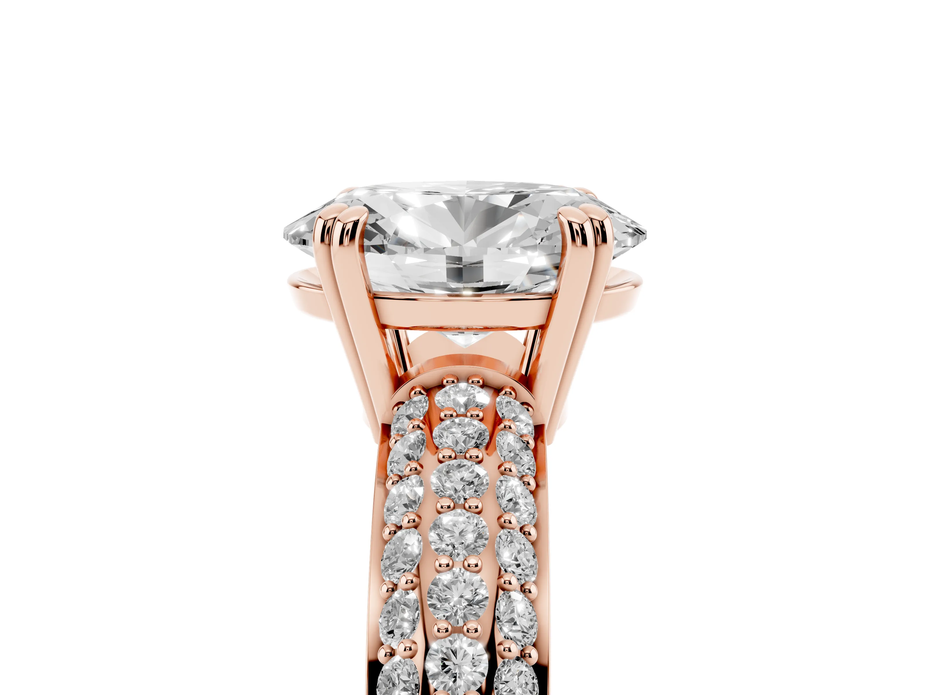 Oval Cut Diamond Solitaire Ring Set in Rose gold with Multi-Row Round Pavé Band and Prong Setting