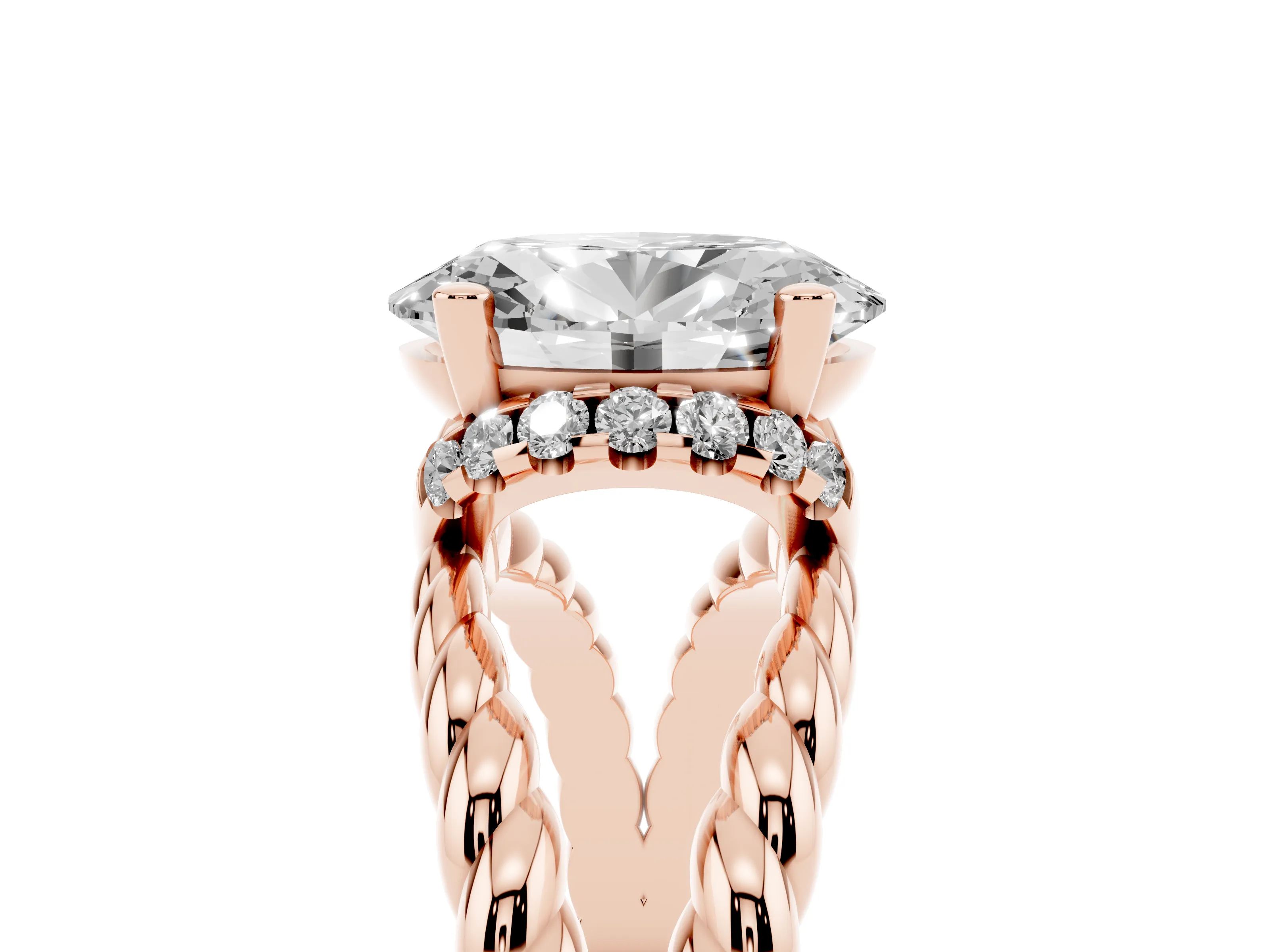 Oval Cut Diamond Halo Ring Set in Rose gold with Twisted Band and Prong Setting