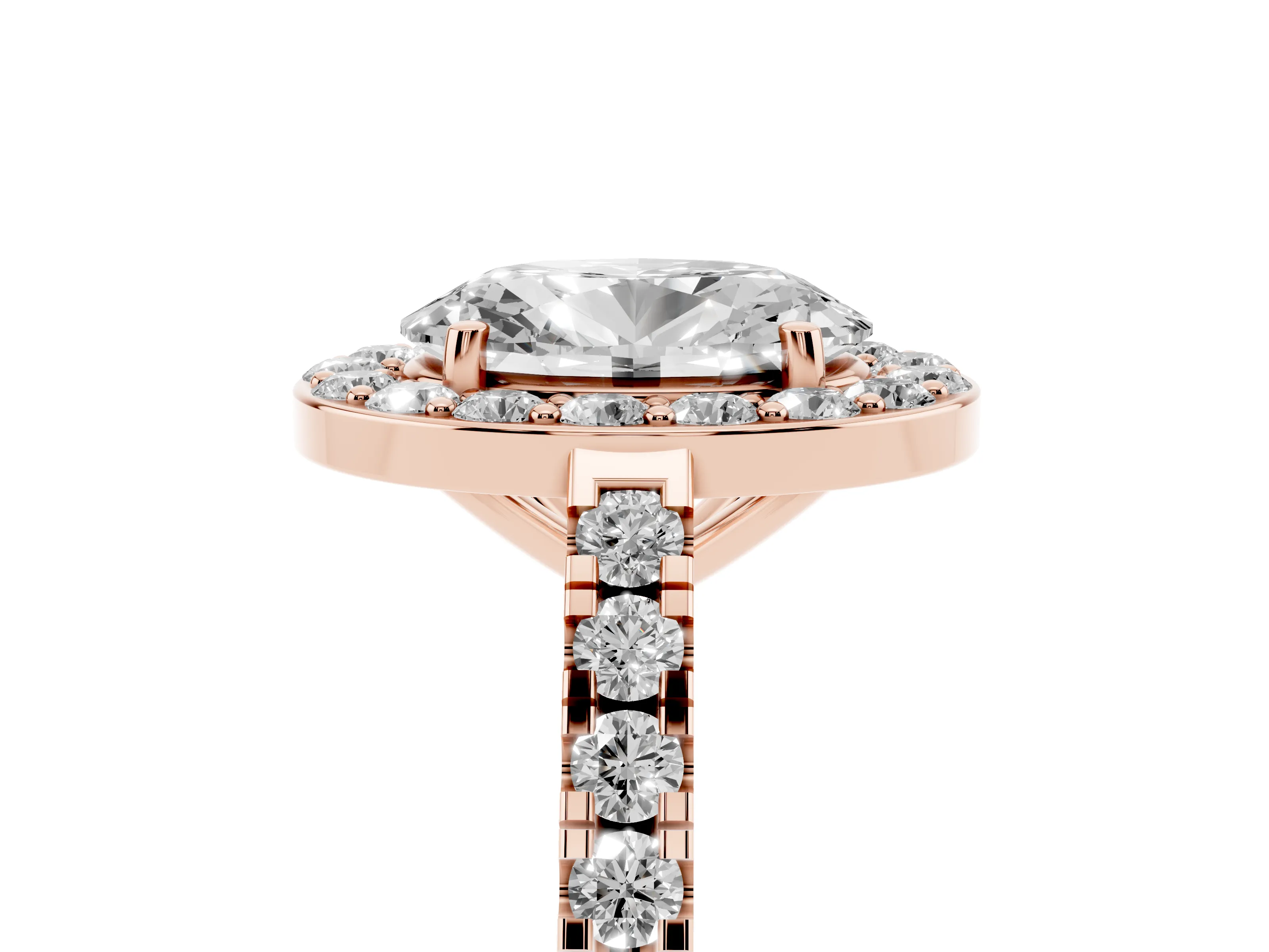 Oval Cut Diamond Halo Ring Set in Rose gold with Round Pavé Split Shank and Prong Setting