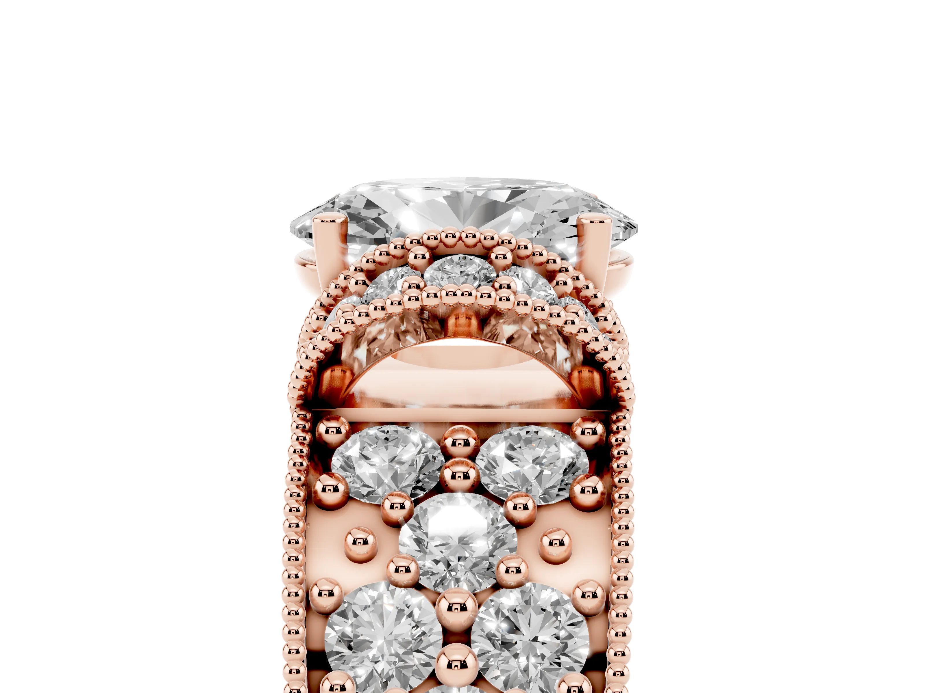 Oval Cut Diamond Milgrain Halo Pavé Engagement Ring Set in Rose gold with Prong Setting