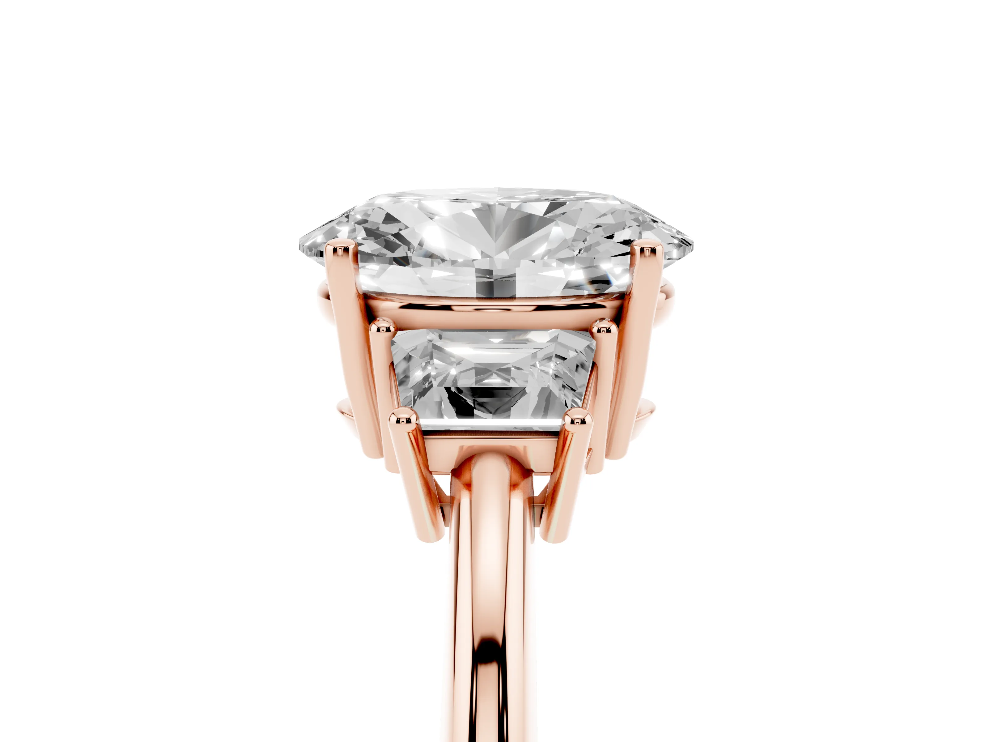 Oval Cut Diamond Three-Stone Ring Set in Rose gold with Trapezoid Side Stones and Prong Setting
