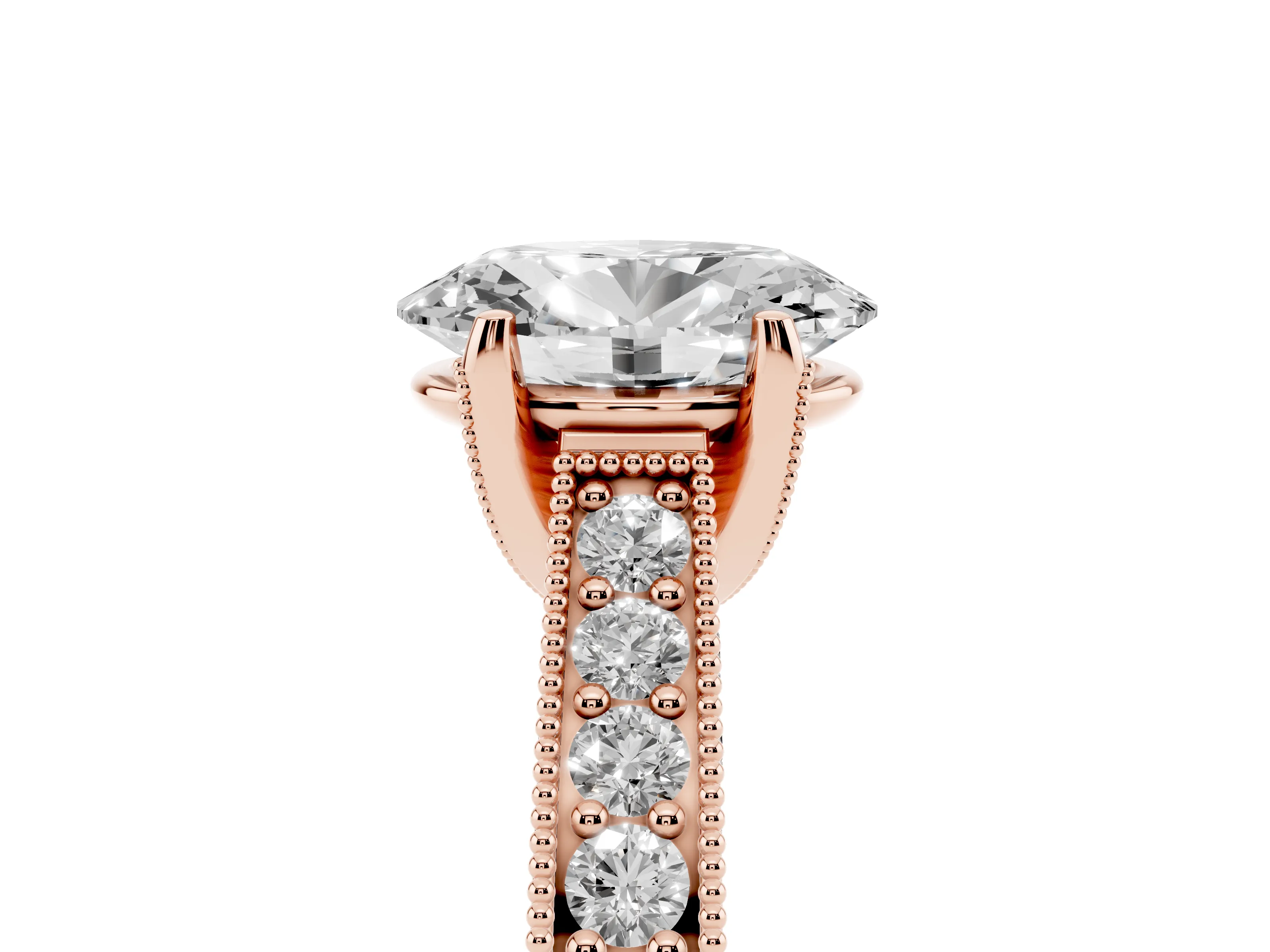 Oval Cut Diamond Solitaire Ring Set in Rose gold with Milgrain-Edged Pavé Band and Prong Setting