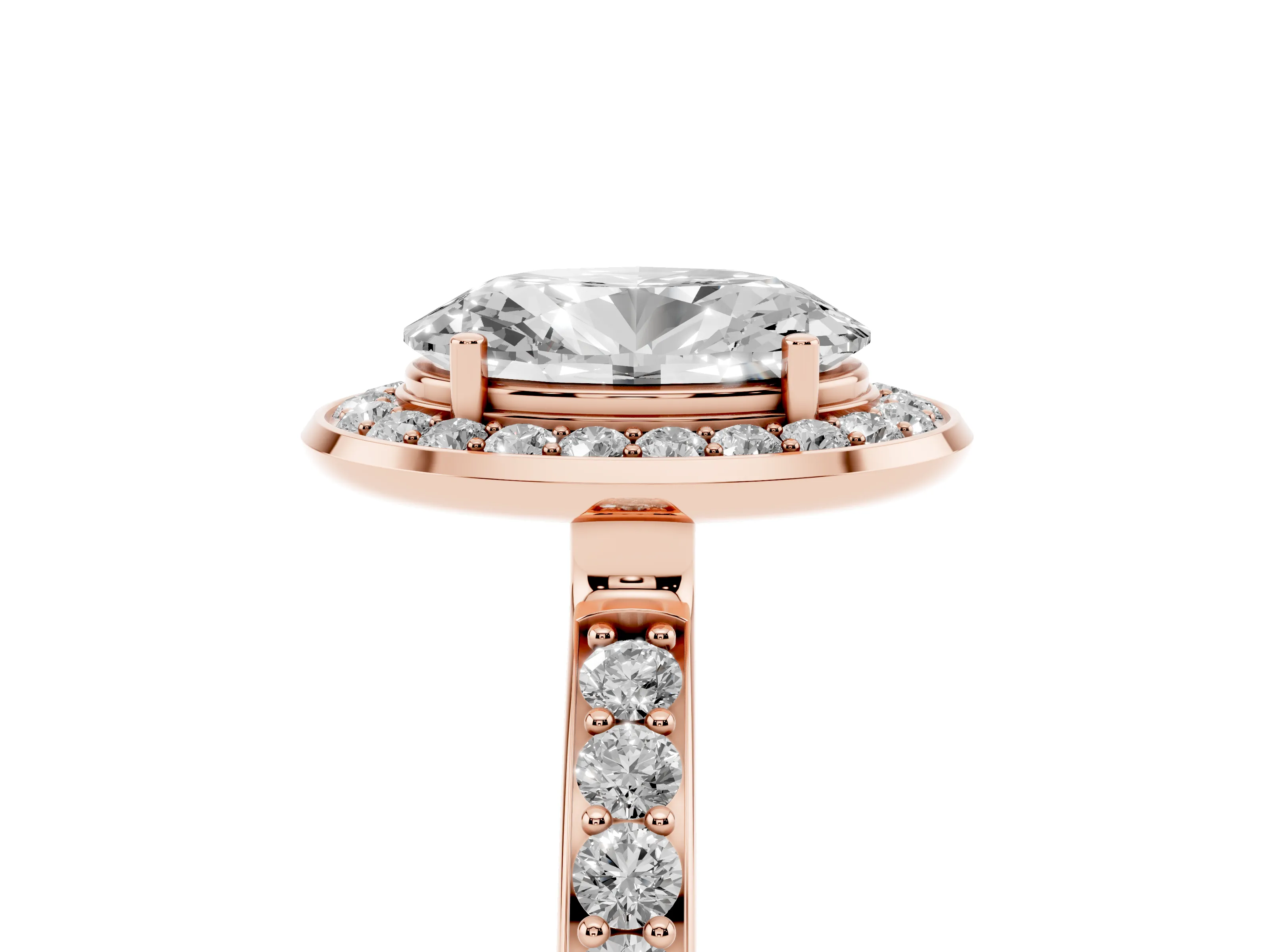 Oval Cut Diamond Halo Ring Set in Rose gold with Bezel Frame and Pavé Band