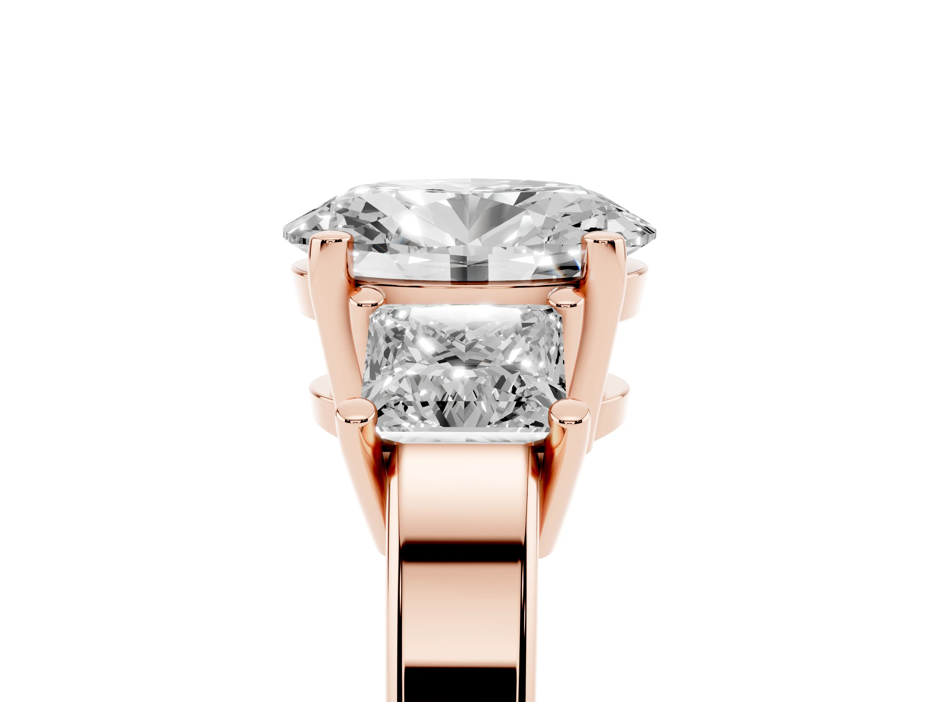 Three-Stone Oval Cut Diamond Solitaire Ring Set in Rose gold with Prong Setting