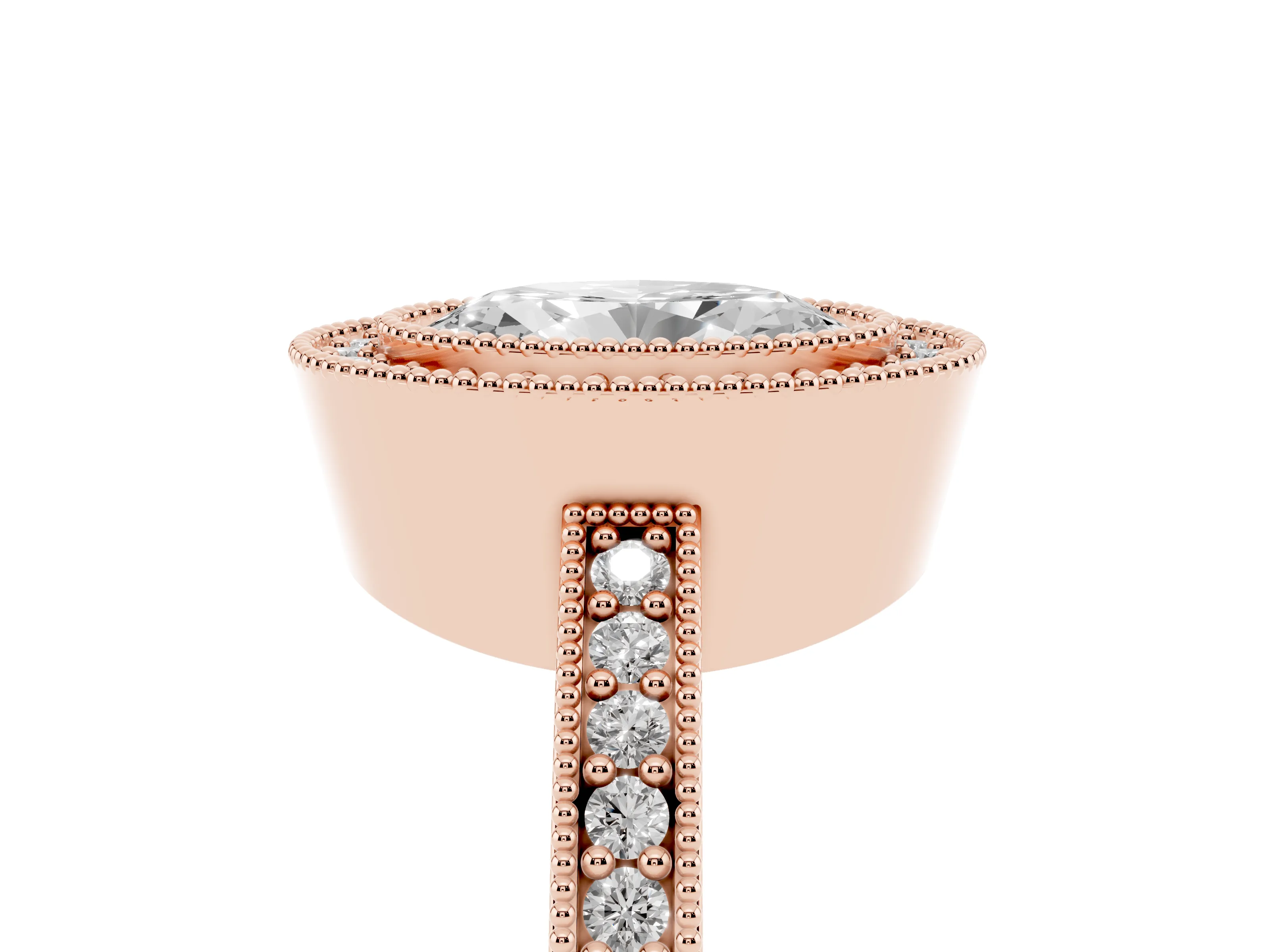 Oval Cut Diamond Halo Engagement Ring Set in Rose gold with Pavé Band and Round Halo Stones