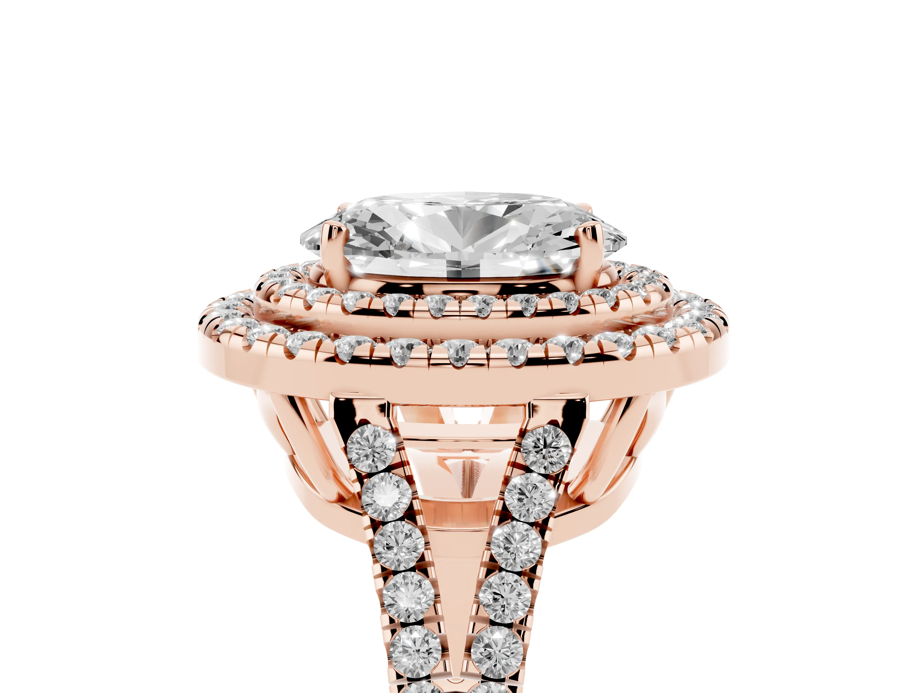 Oval Cut Diamond Double Halo Ring Set in Rose gold with Pavé Band