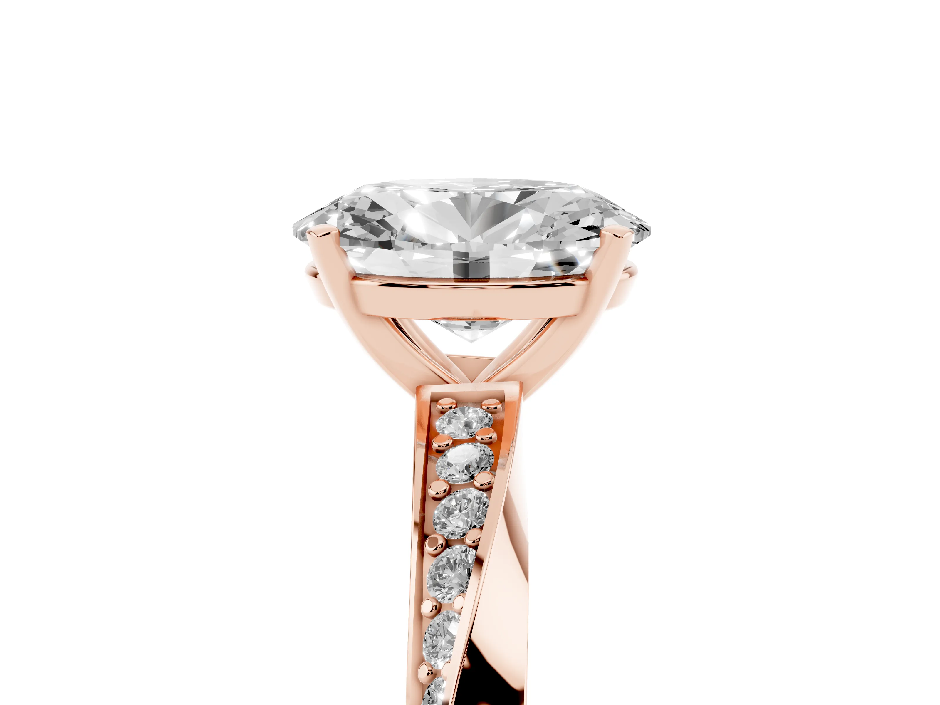 Oval Cut Diamond Engagement Ring Set in Rose gold with Side Stone Accents and Prong Setting