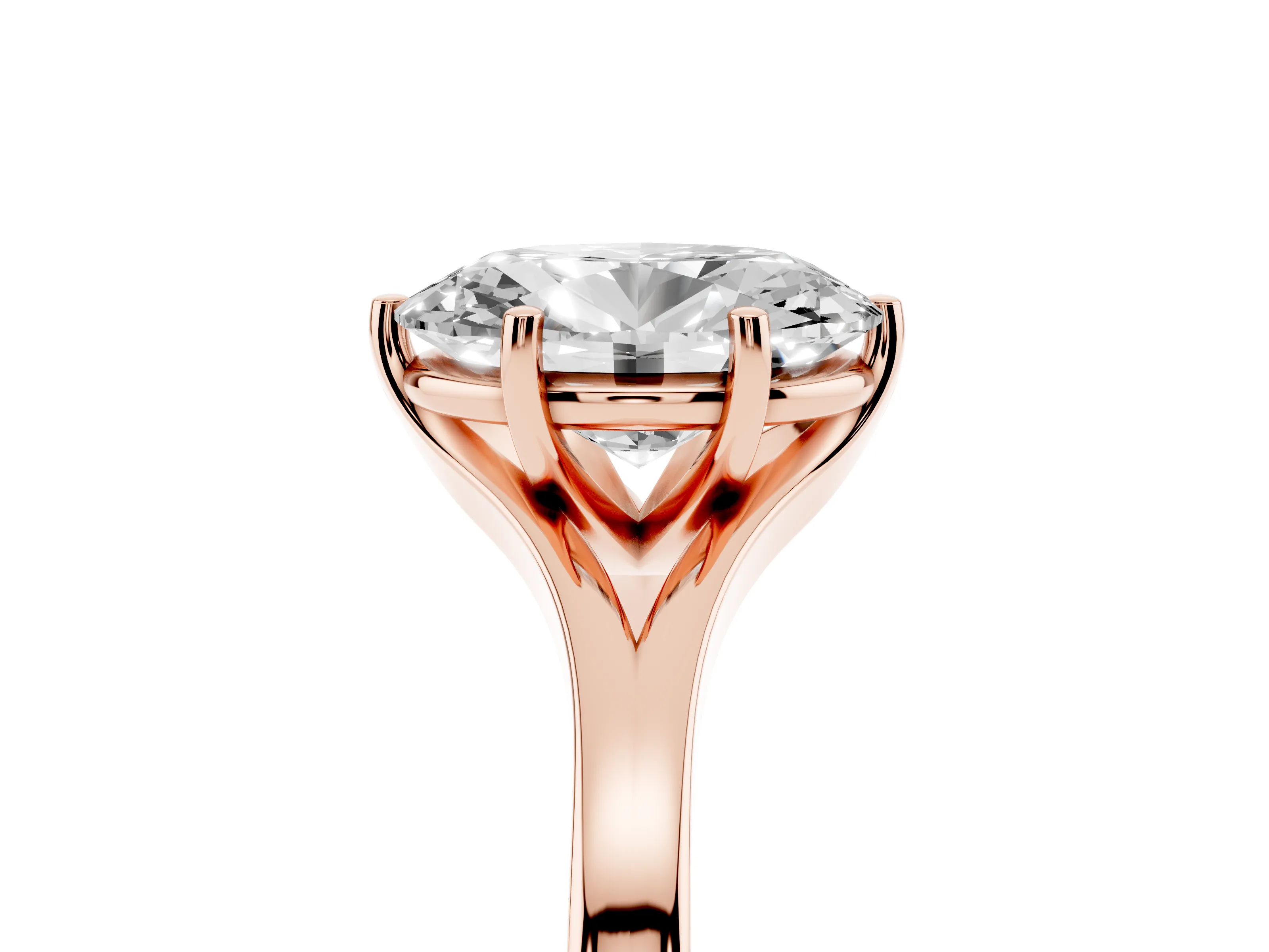 Oval Cut Diamond Solitaire Ring Set in Rose gold with Polished Tapered Band and Prong Setting