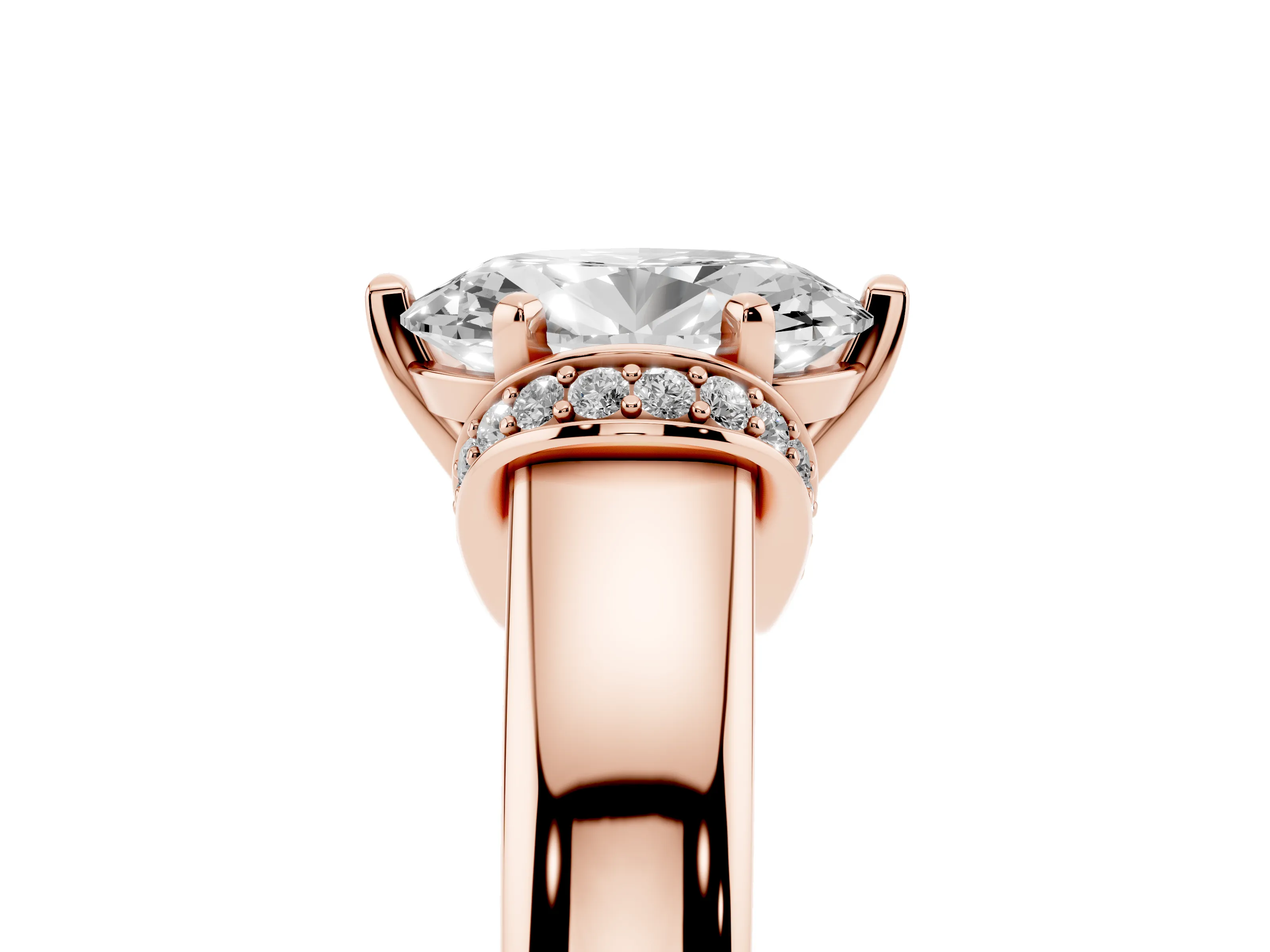 Oval Cut Diamond Pavé Band Solitaire Ring Set in Rose gold with Prong Setting