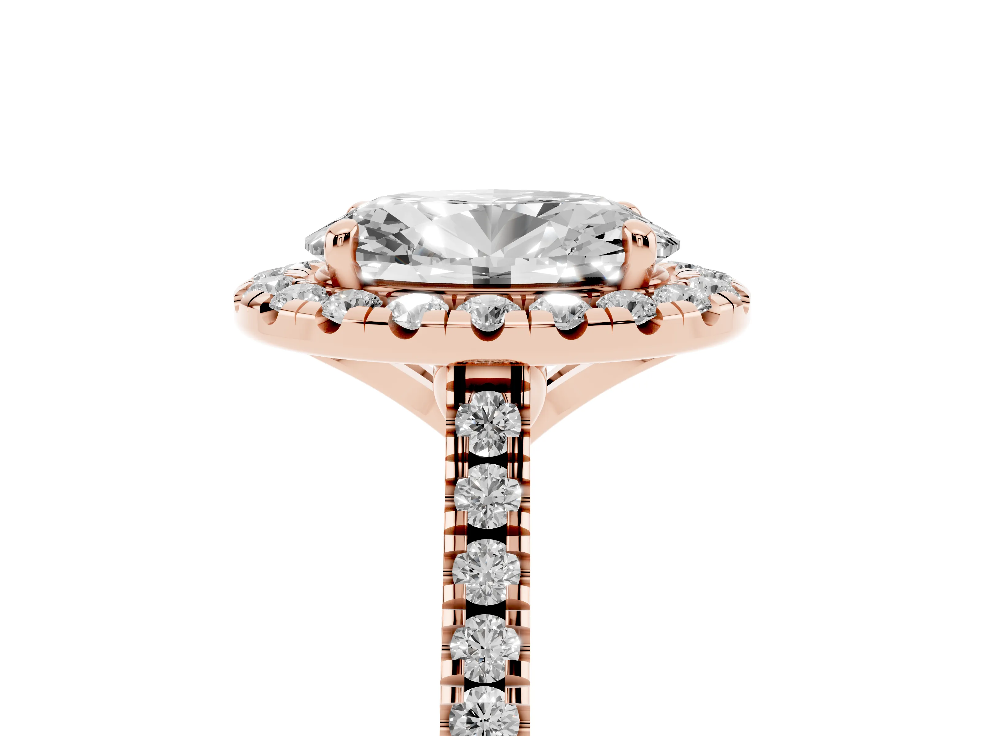 Oval Cut Diamond Cushion Halo Ring Set in Rose gold with Pavé Band