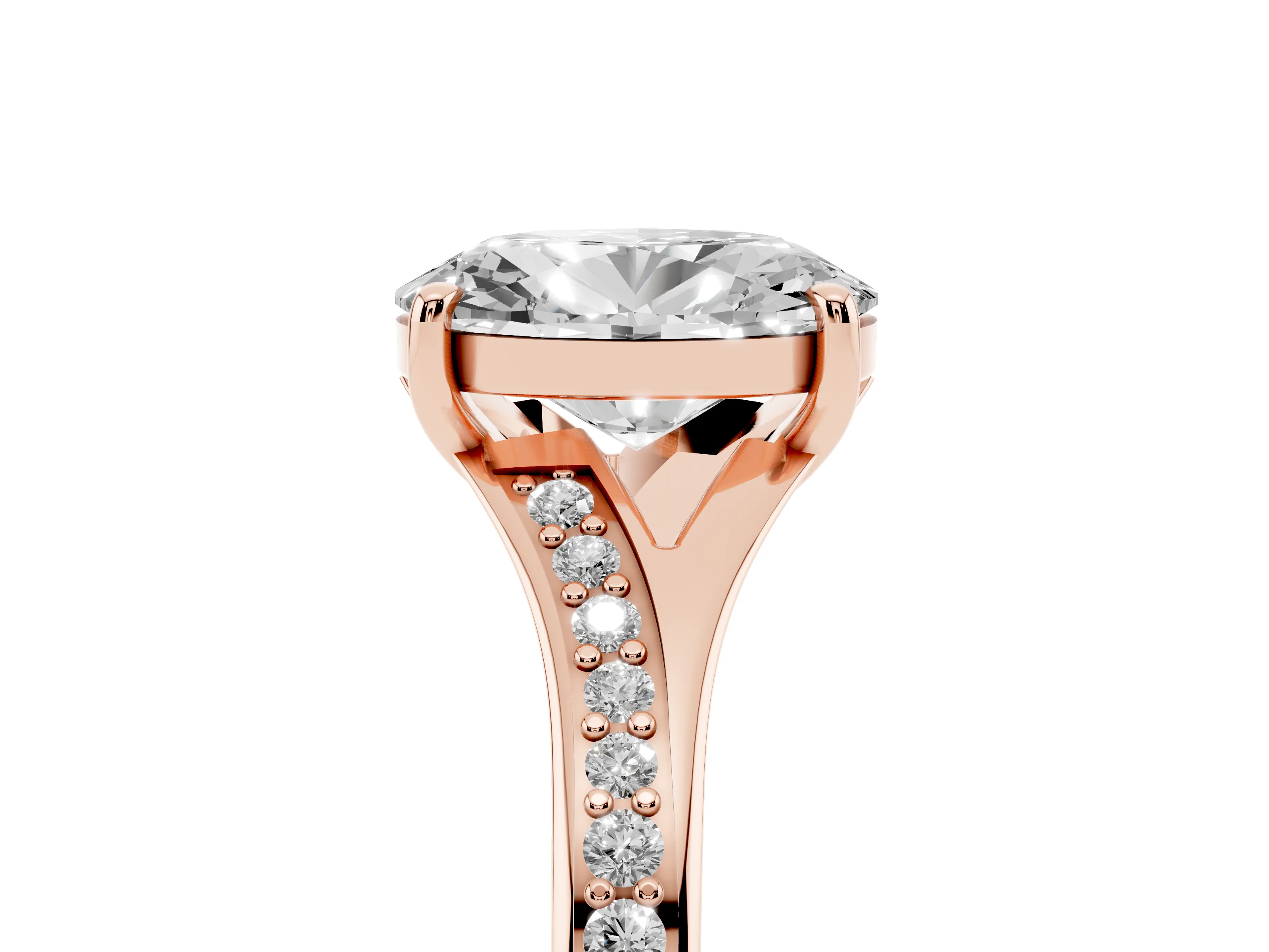 Oval Cut Diamond Solitaire Ring Set in Rose gold with Pavé Accent Band and Classic Prong Setting