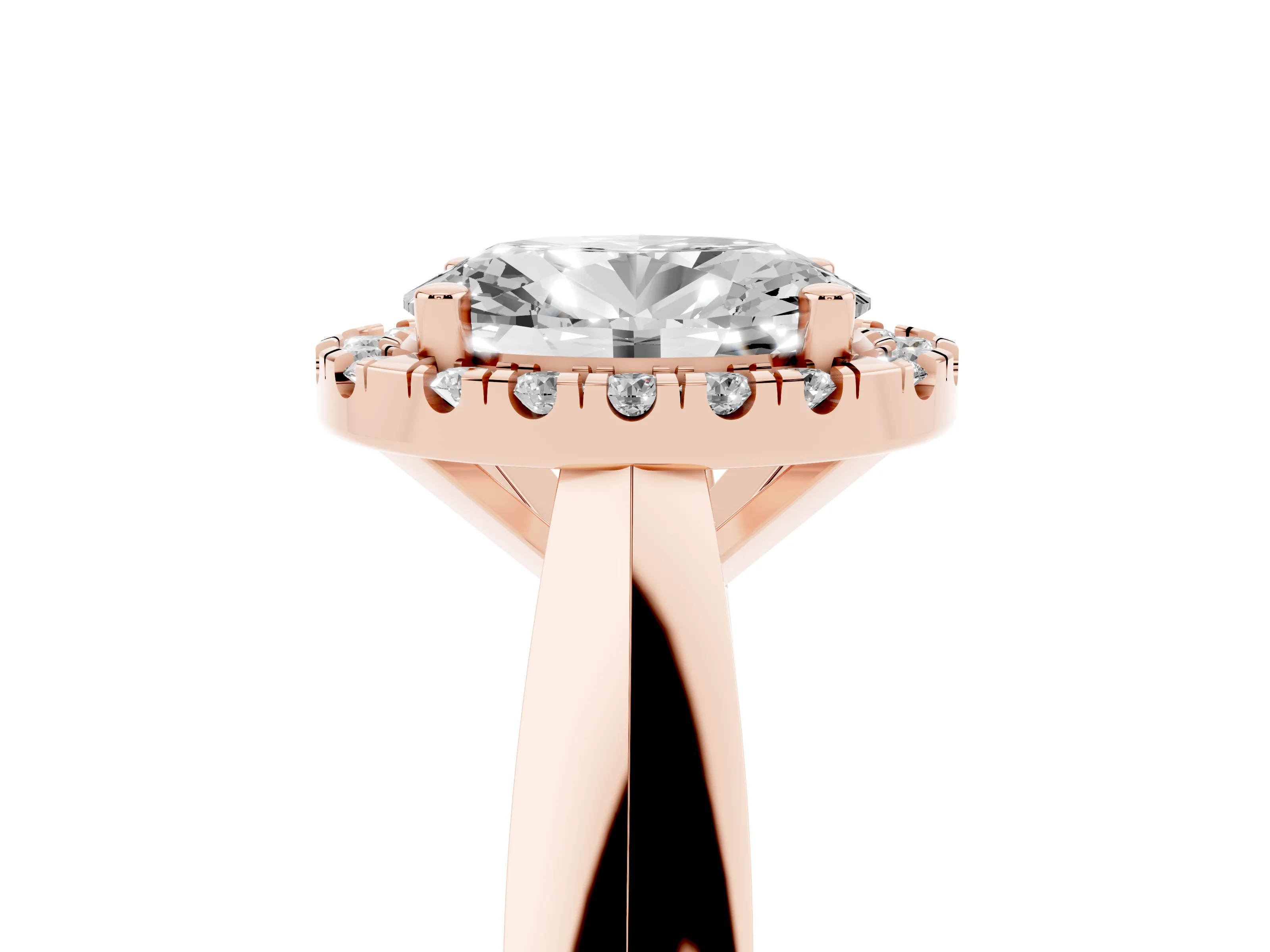 Oval Cut Diamond Halo Solitaire Engagement Ring Set in Rose gold with Square Band and Prong Setting
