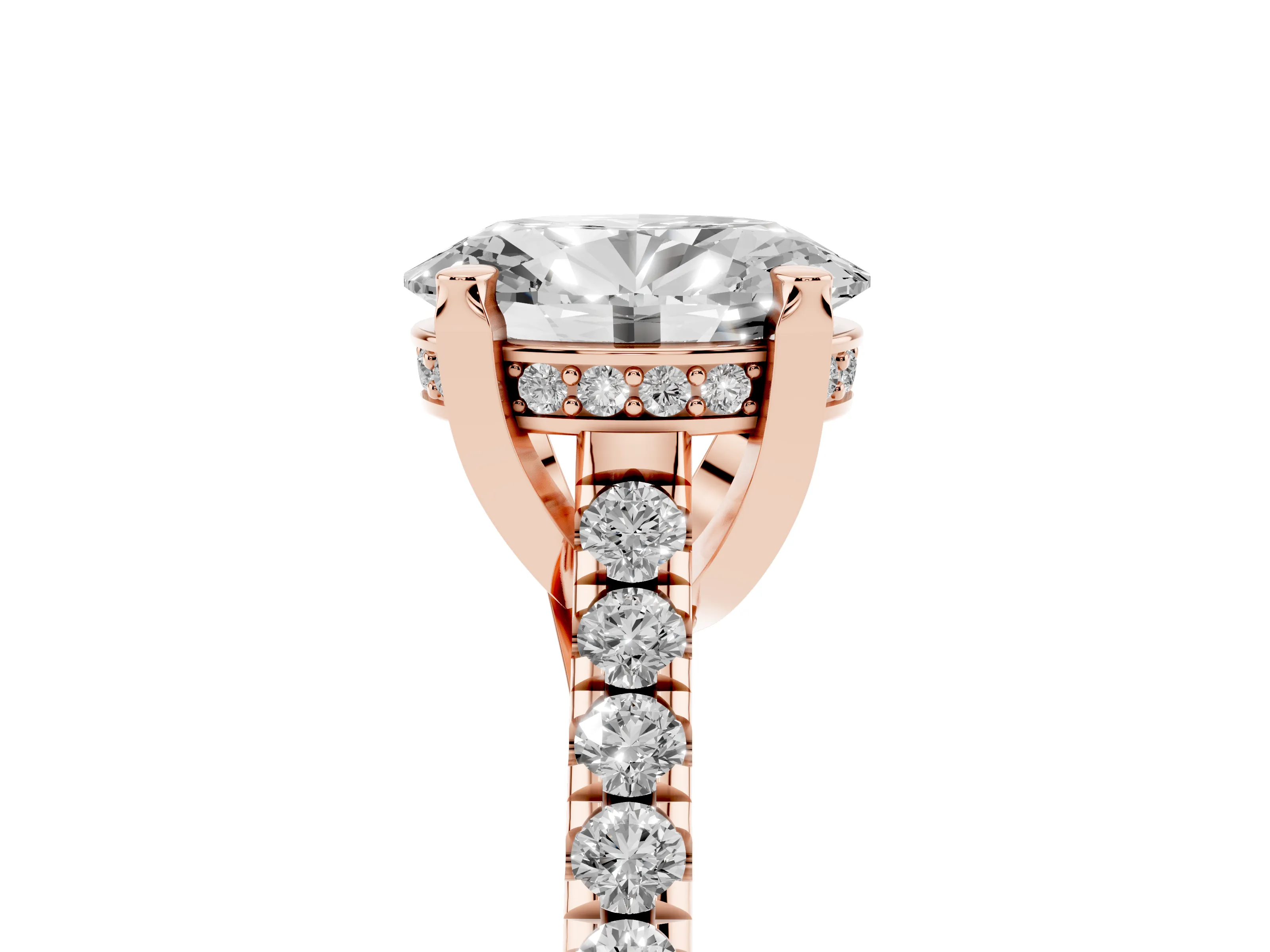 Oval Cut Diamond Solitaire Ring Set in Rose gold with Brilliant Pavé Band and Prong Setting