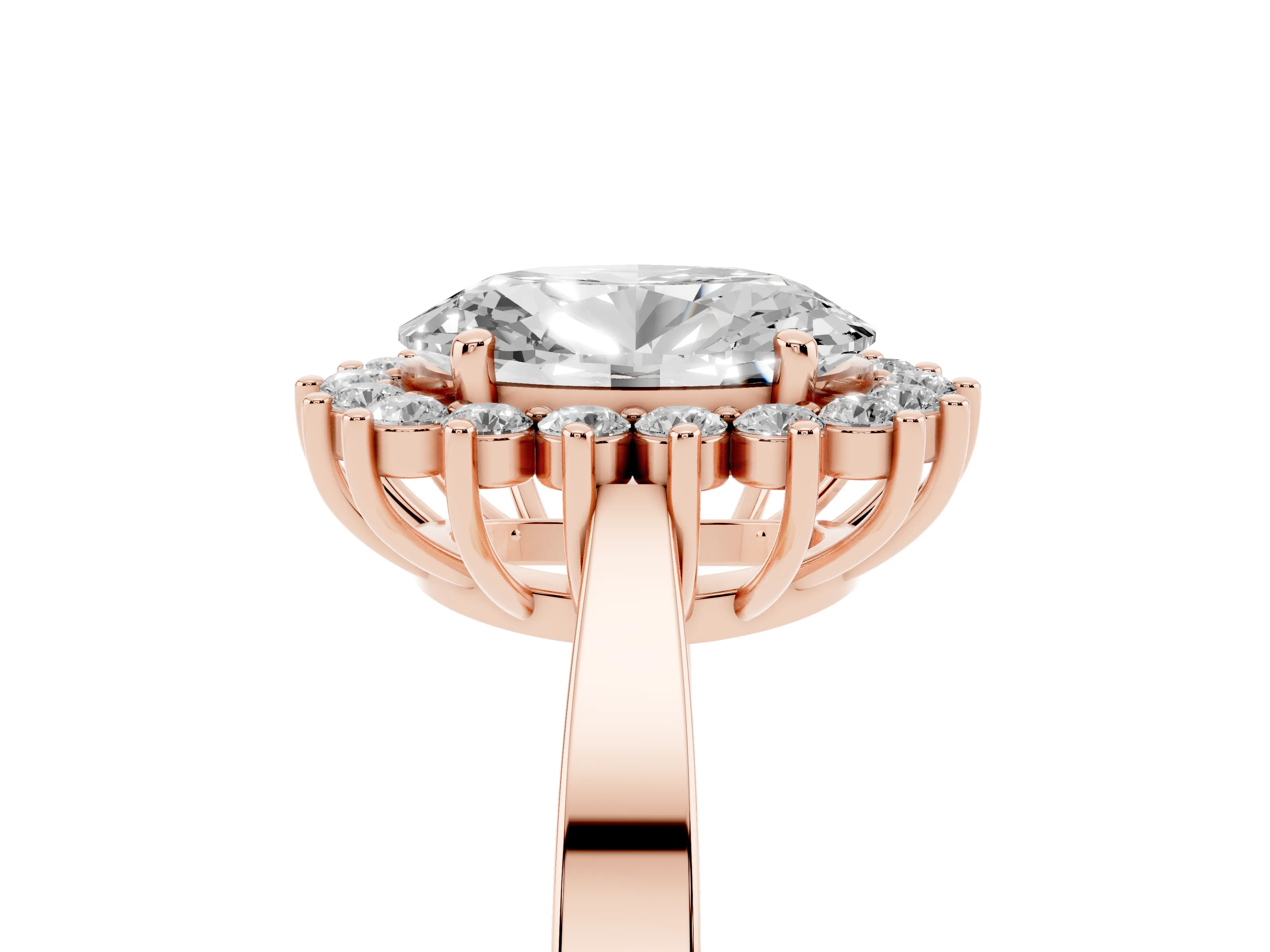 Oval Cut Diamond Halo Ring Set in Rose gold with Round Halo and Smooth Solitaire Band