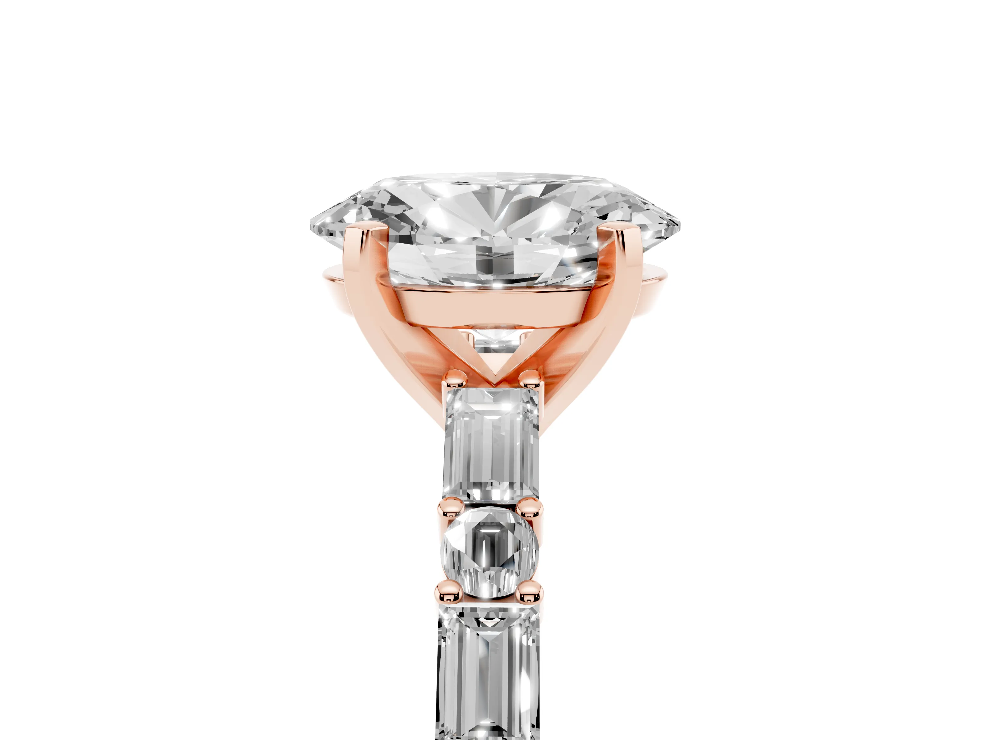 Oval Cut Diamond Solitaire Set in Rose gold with Side Baguettes and Channel Set Band