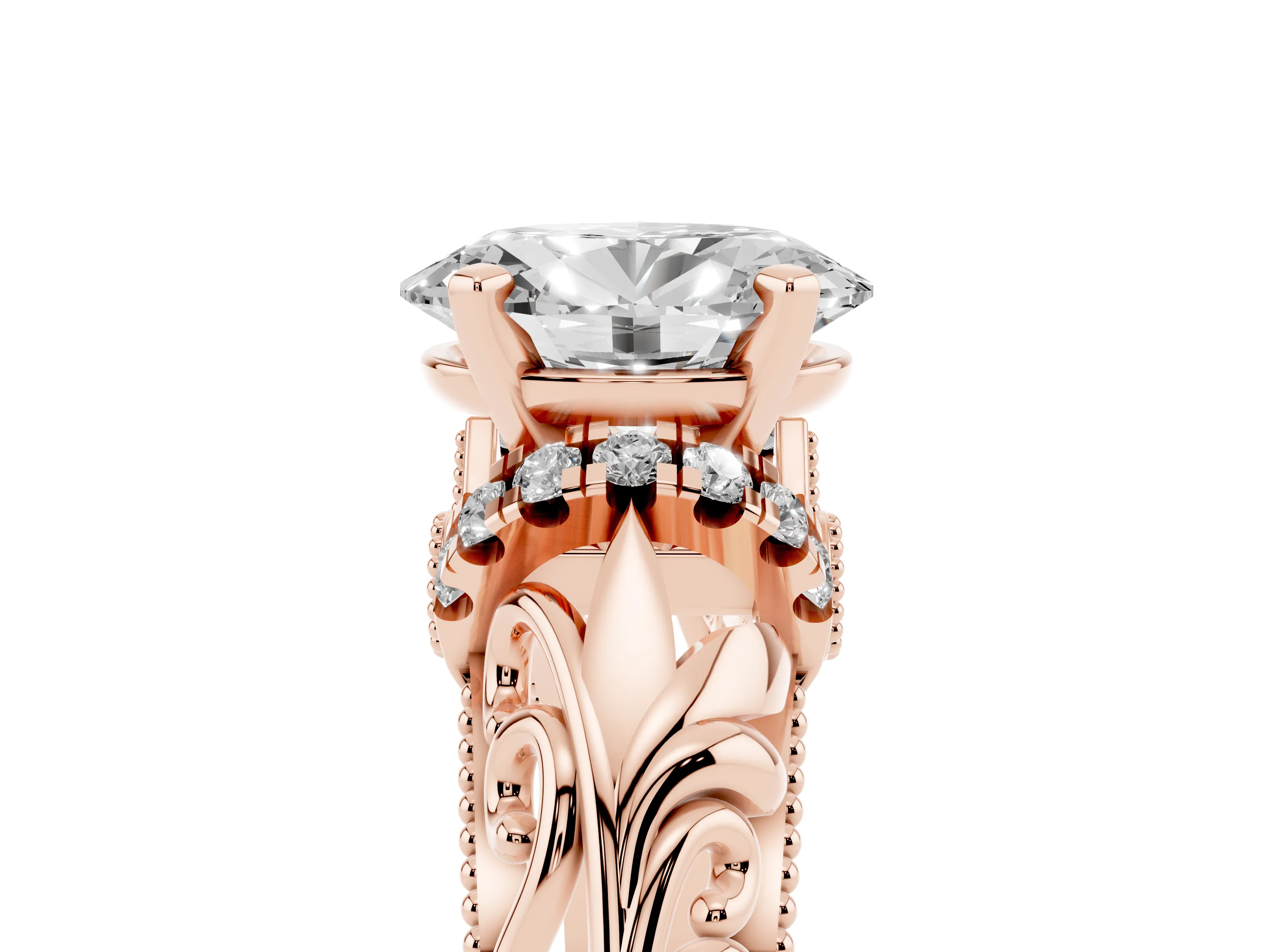 Oval Cut Diamond Filigree Halo Engagement Ring Set in Rose gold with Prong Setting
