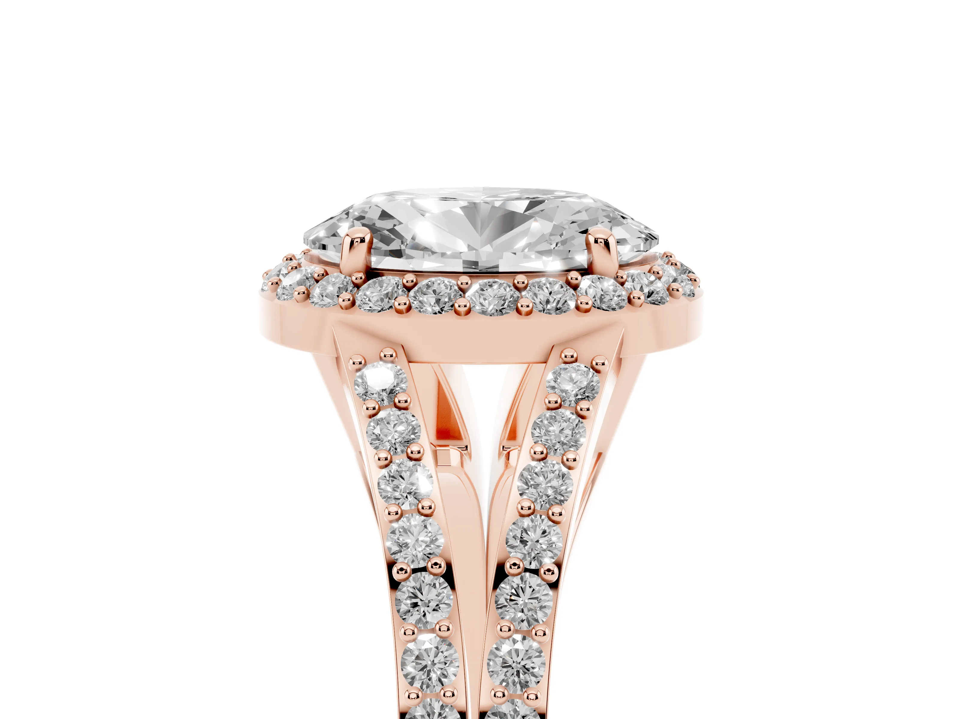 Oval Cut Diamond Halo Split Shank Ring Set in Rose gold with Accent Stones and Prong Setting