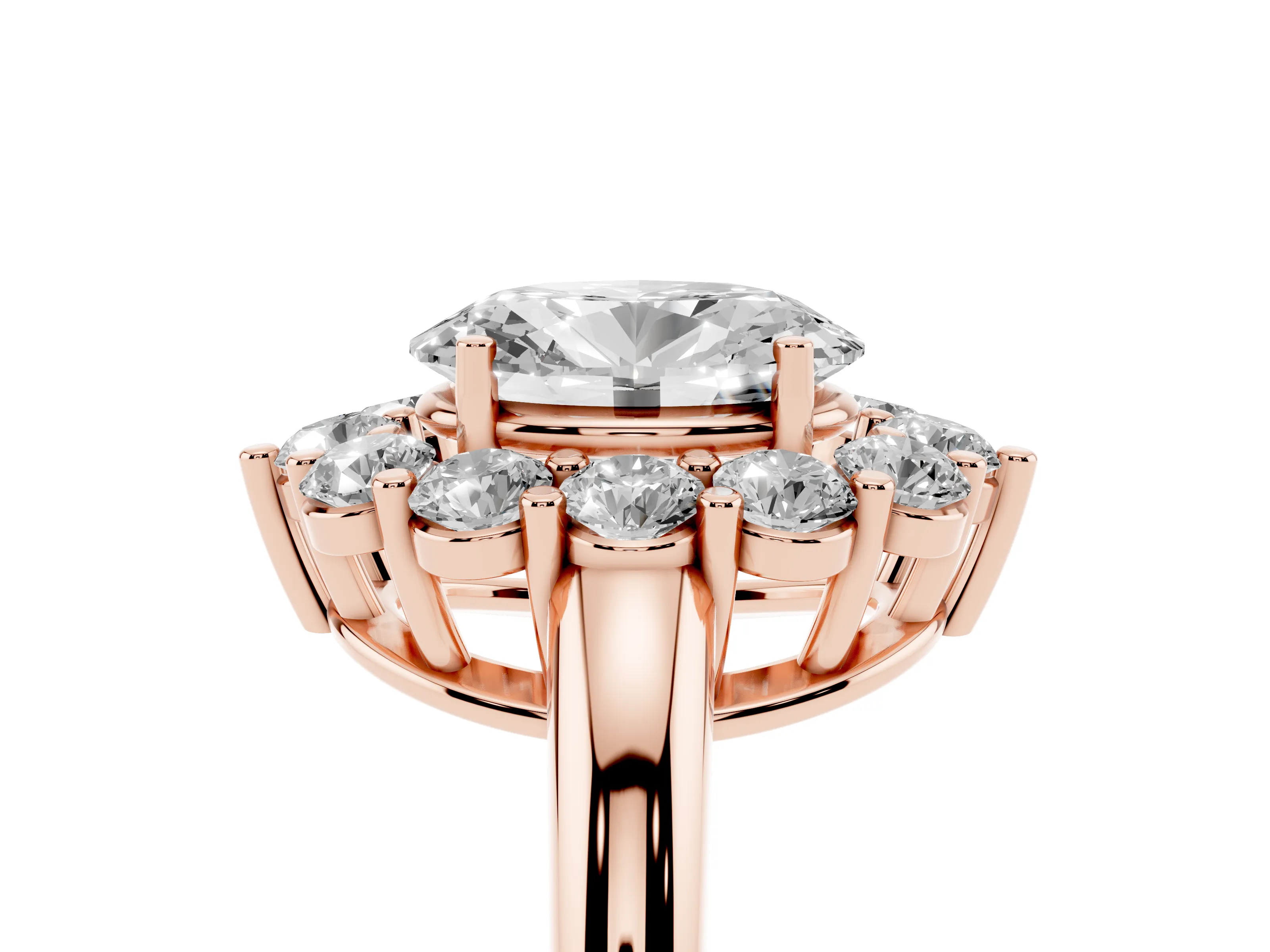 Oval Cut Diamond Halo Cluster Engagement Ring Set in Rose gold with Polished Band and Prong Setting
