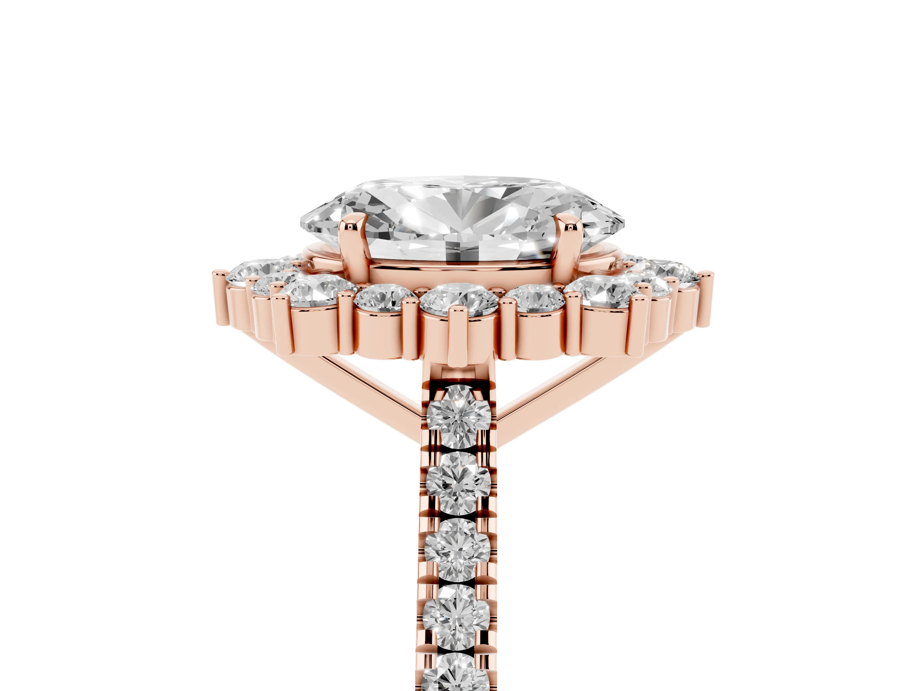 Oval Cut Diamond Halo Ring Set in Rose gold with Pavé Band and Prong Setting