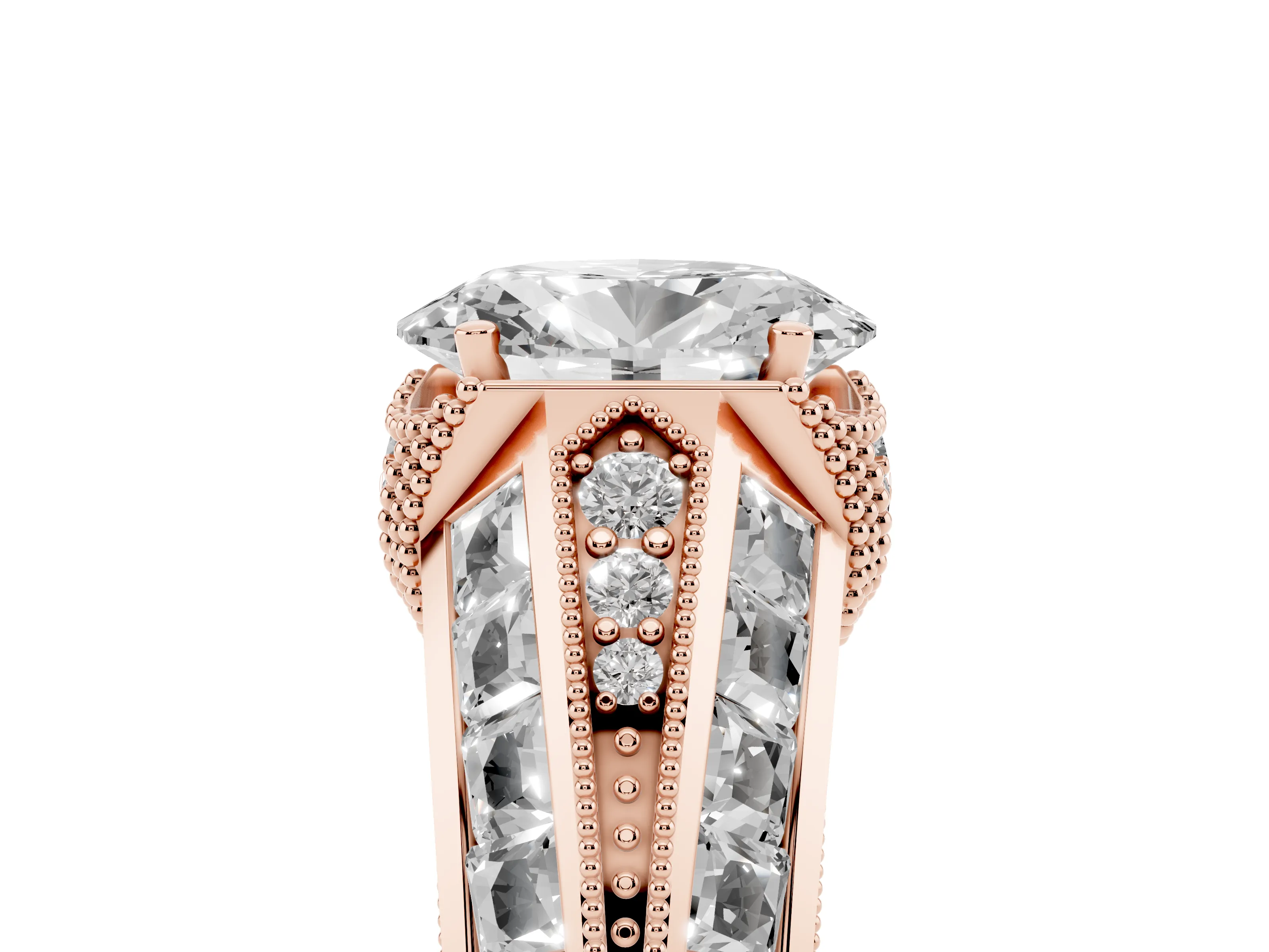Oval Cut Diamond Vintage-Inspired Milgrain Ring Set in Rose gold with Accent Split Shank