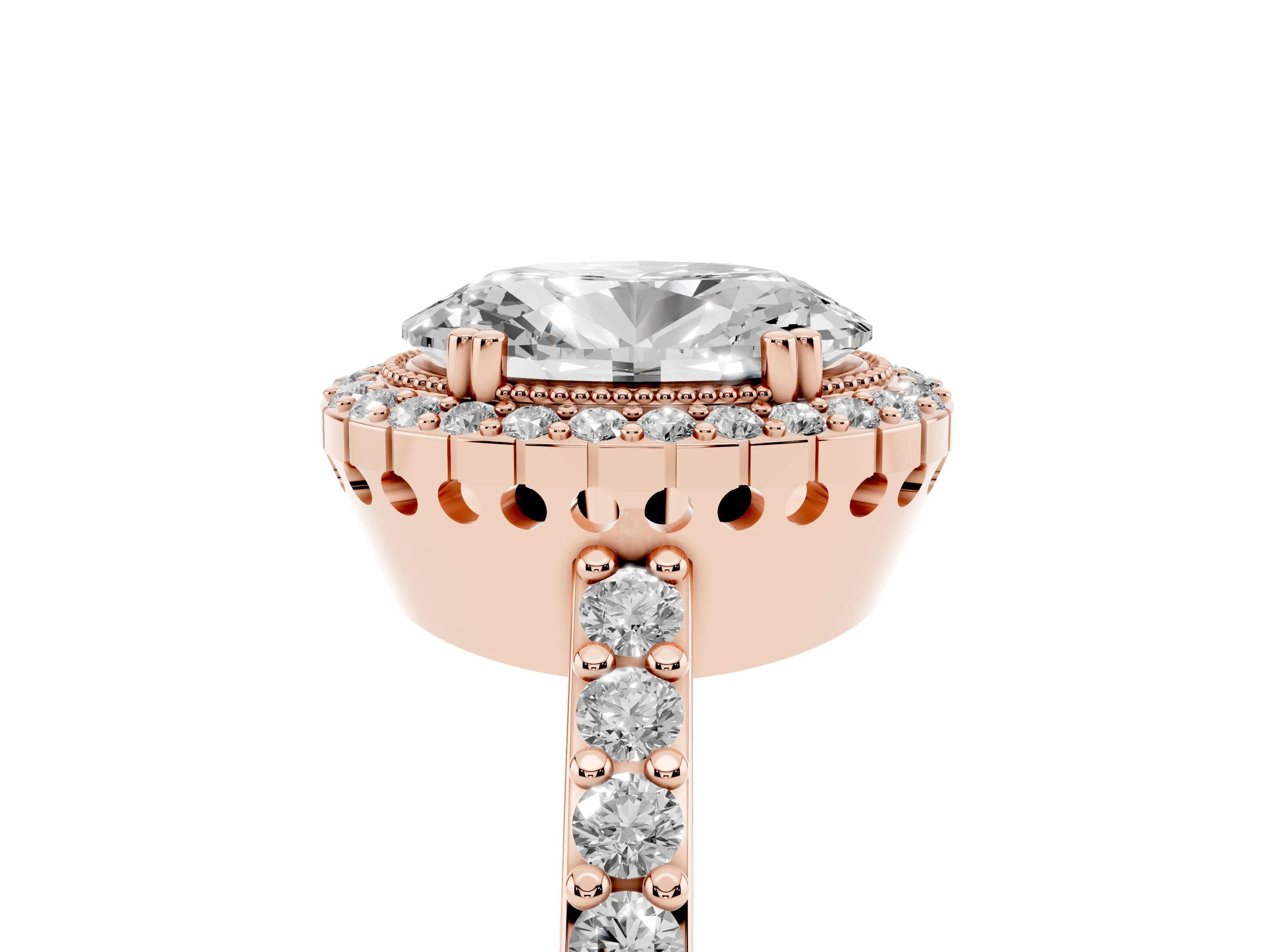 Oval Cut Diamond Halo Engagement Ring Set in Rose gold with Milgrain Detail and Pavé Band