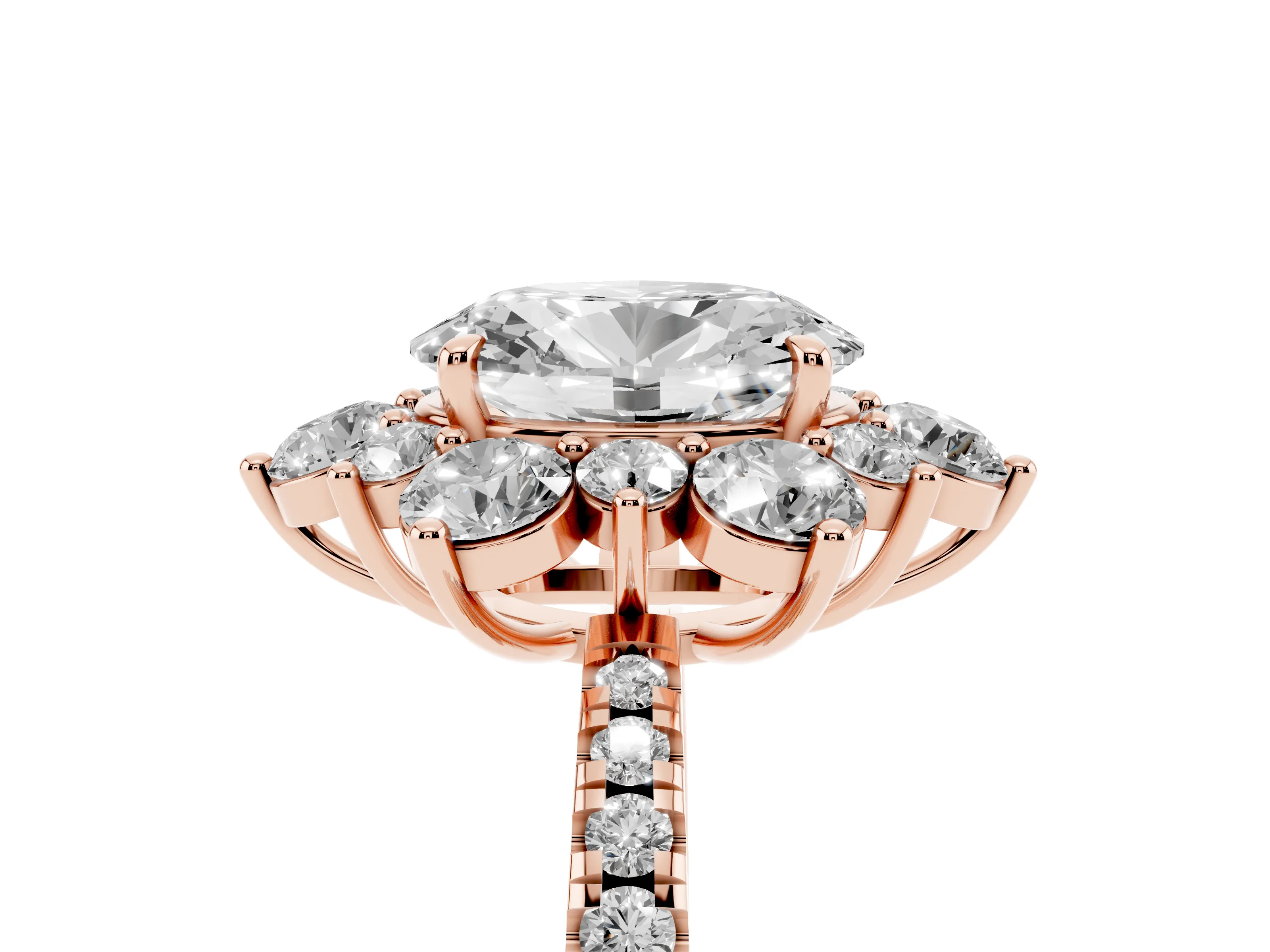 Oval Cut Diamond Floral Halo Ring Set in Rose gold with Round Pavé Band and Prong Setting