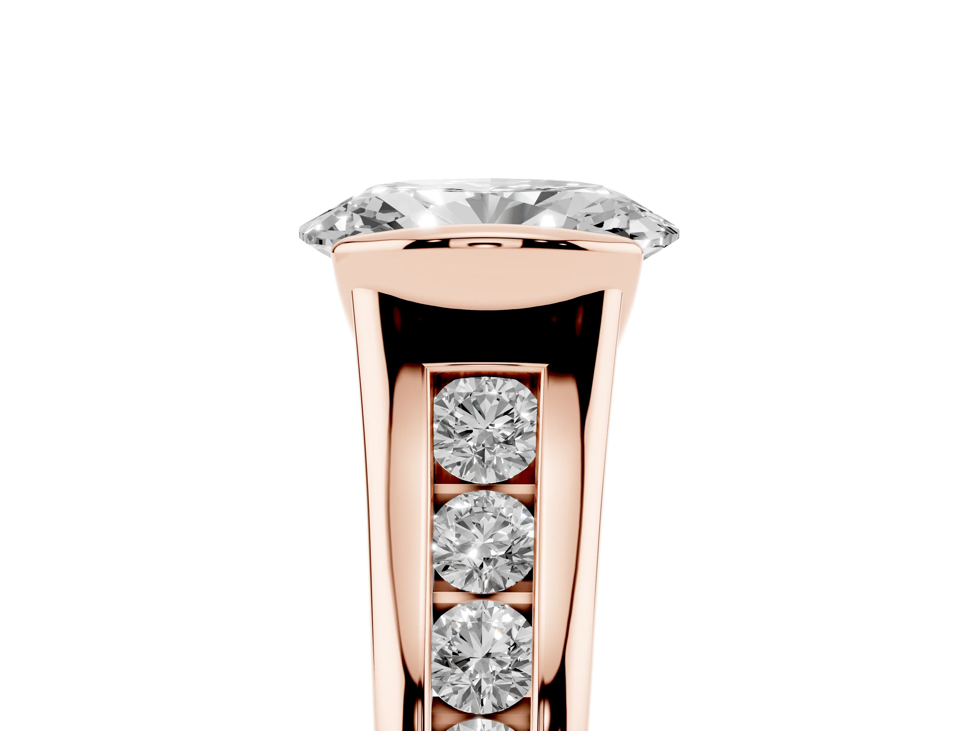 Oval Cut Diamond Bezel-Set Solitaire Ring Set in Rose gold with Channel-Set Band