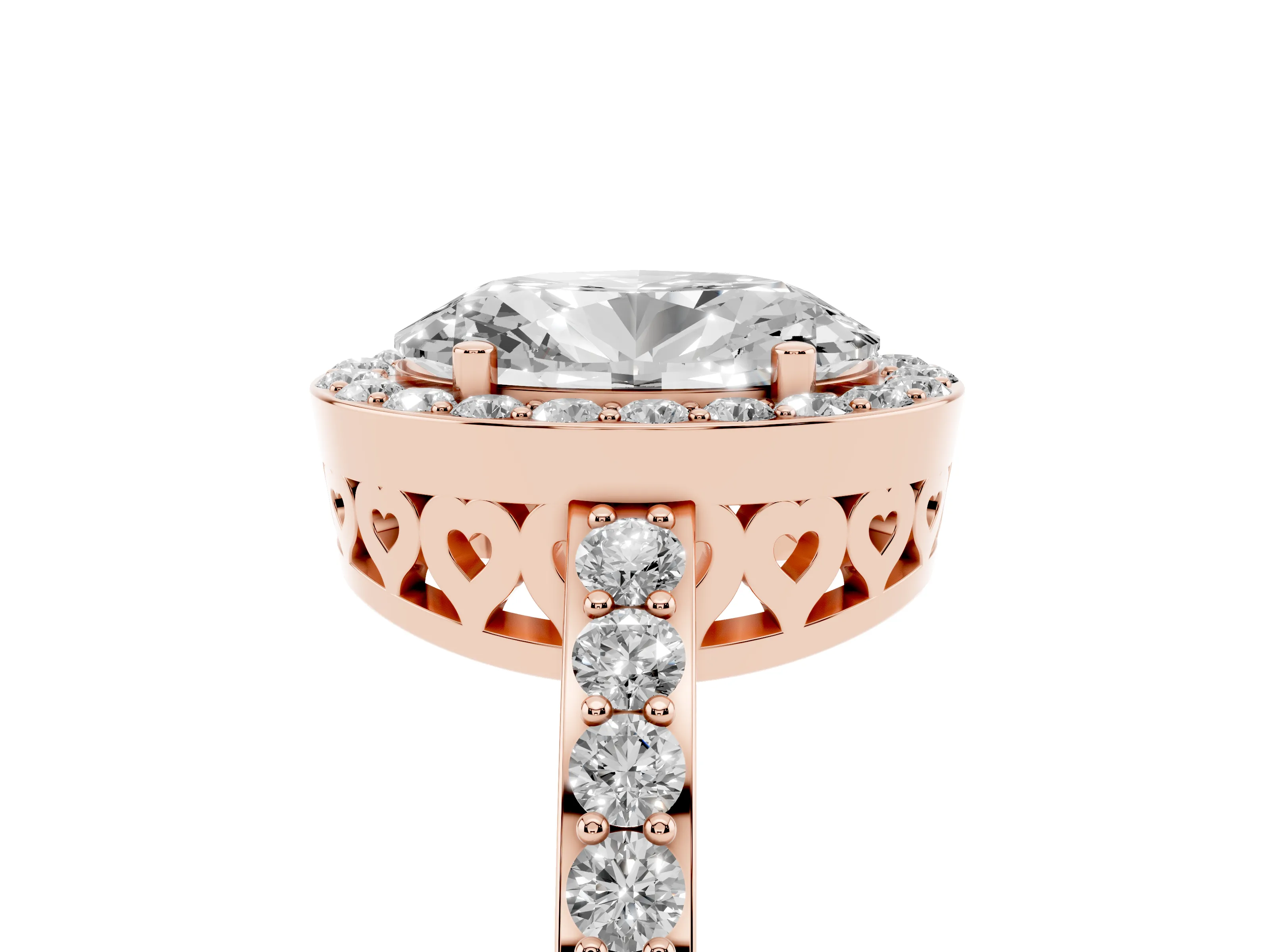 Oval Cut Diamond Halo Ring Set in Rose gold with Pavé-Setting Band and Open Prong Center