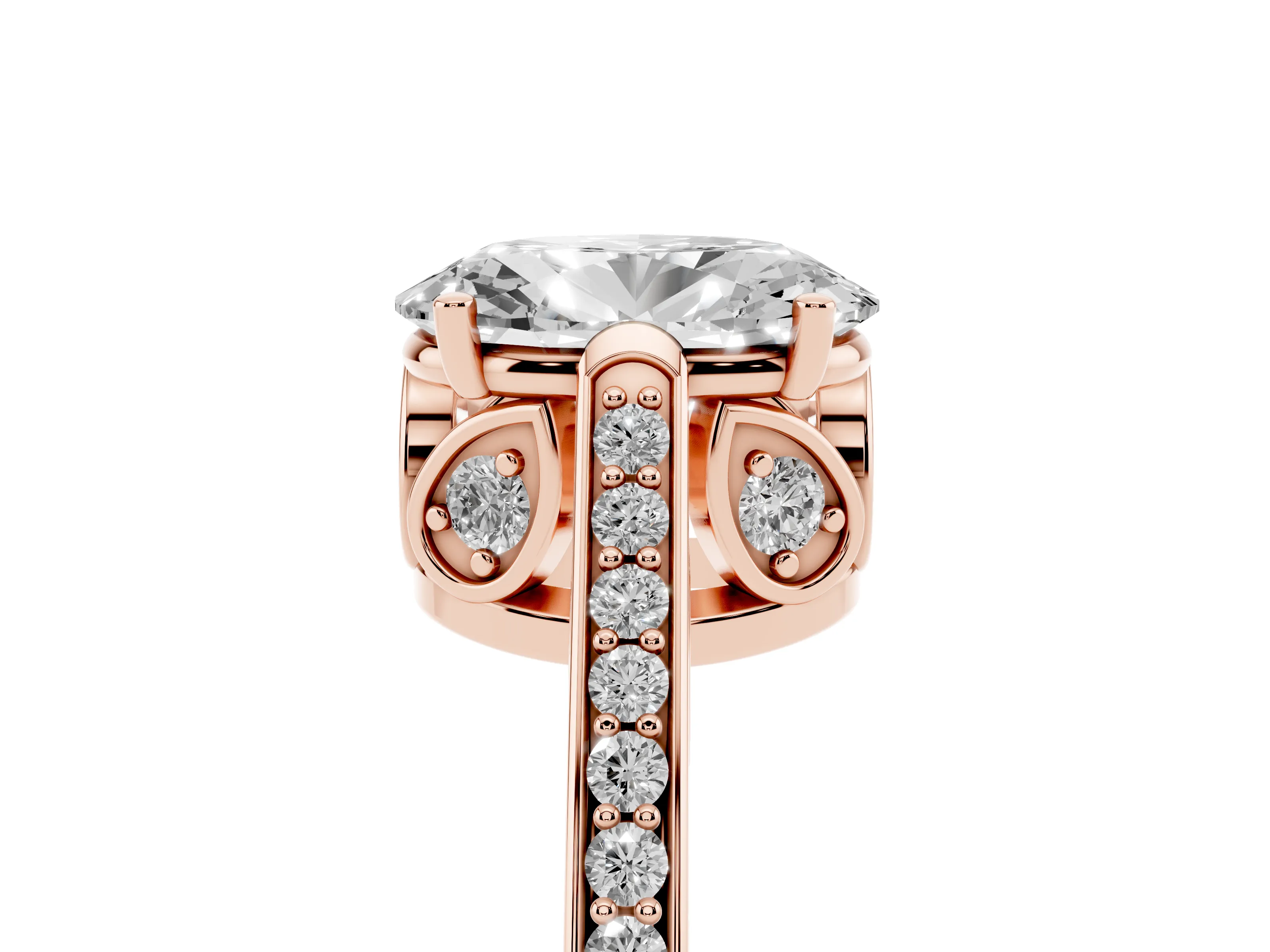 Oval Cut Diamond Cathedral Pavé Engagement Ring Set in Rose gold with Prong Setting