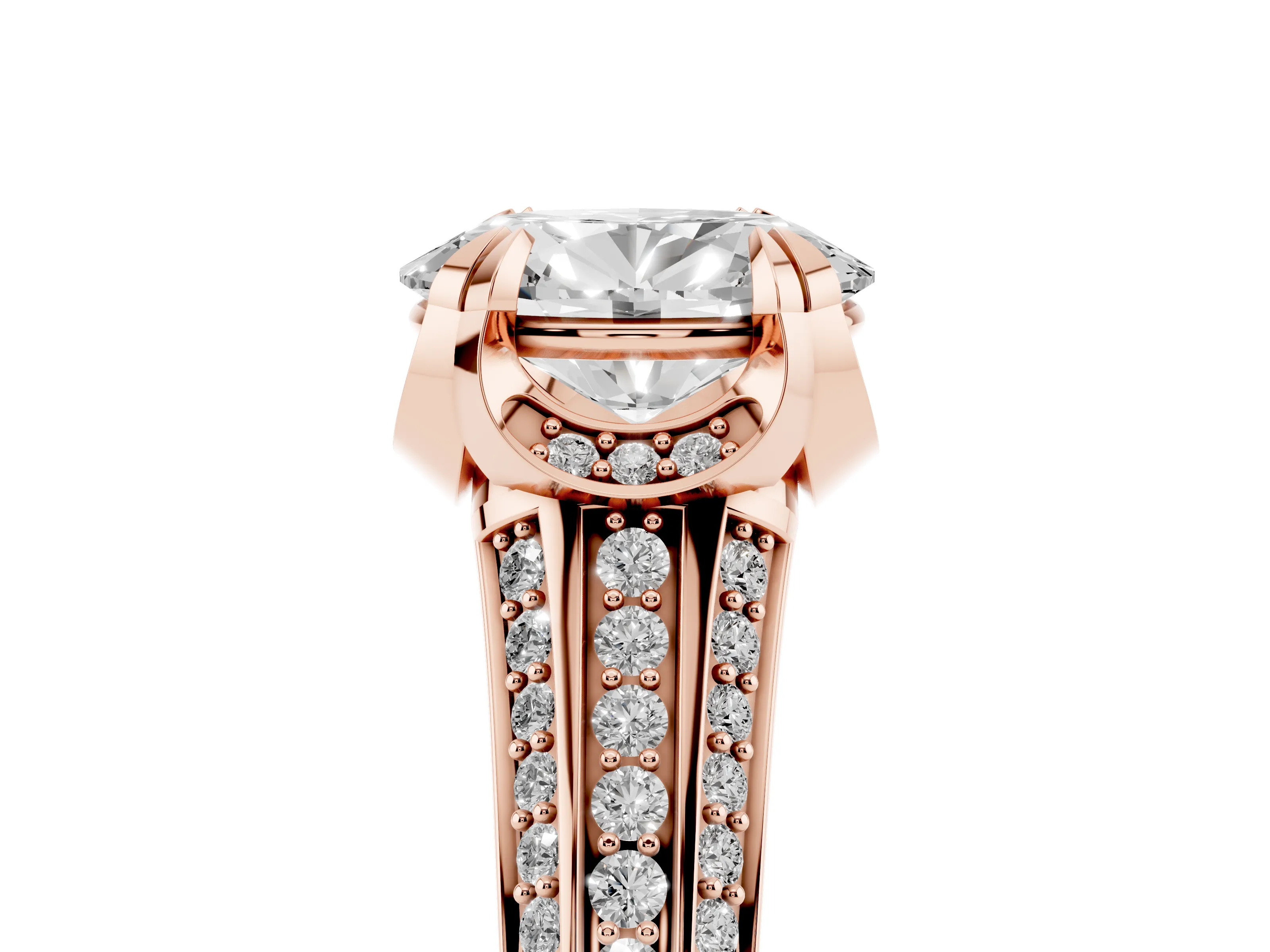 Oval Cut Diamond Pavé Split Shank Solitaire Ring Set in Rose gold with Prong Setting