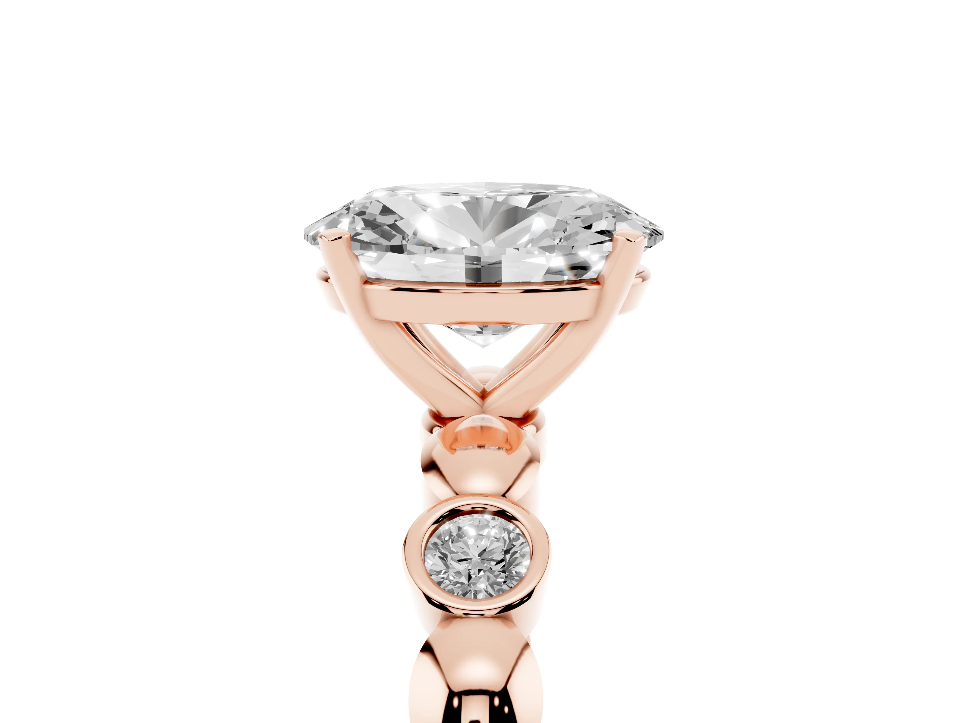 Oval Cut Diamond Solitaire Ring Set in Rose gold with Bezel-Set Accents on Beaded Band and Prong Setting