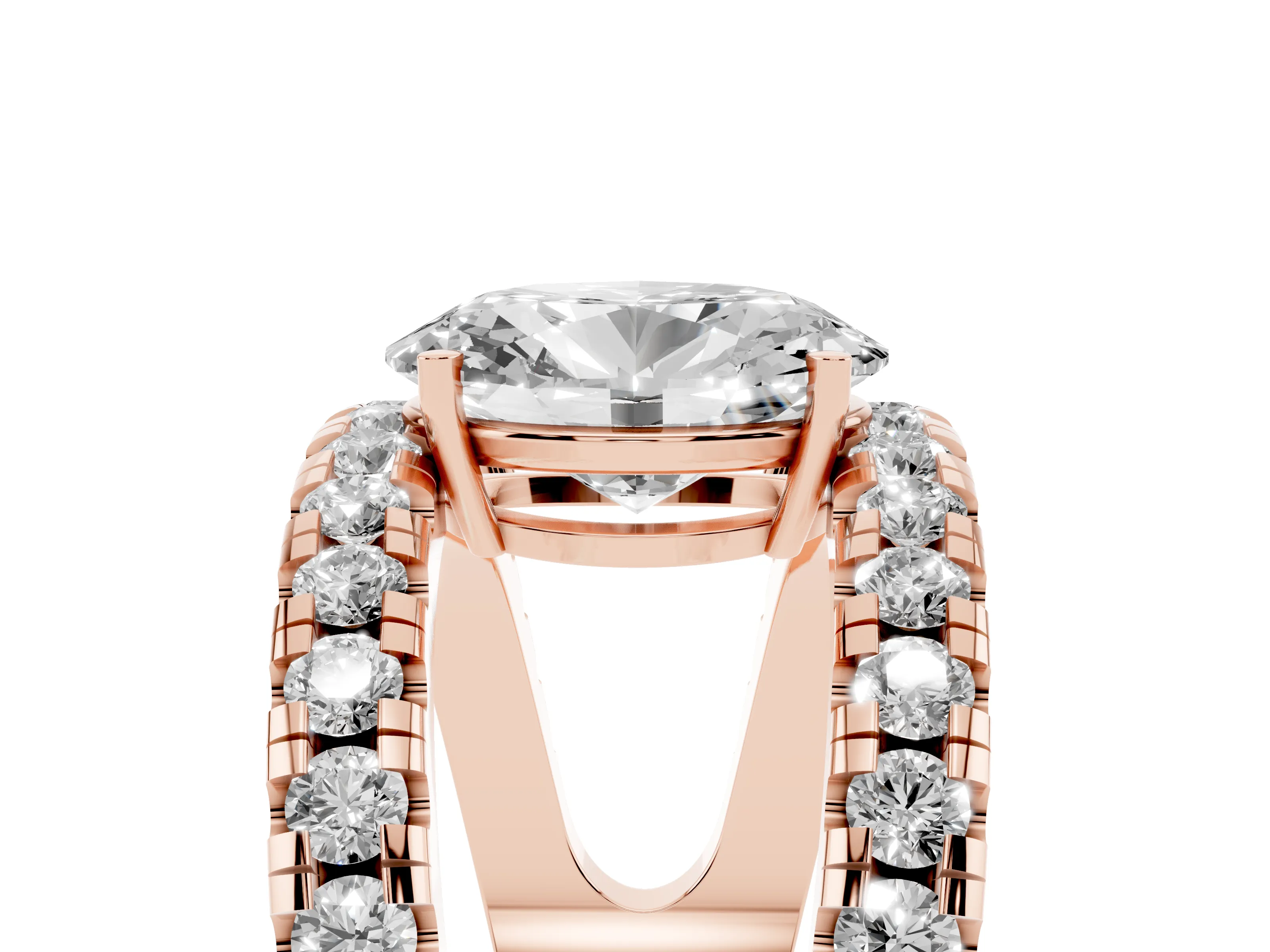 Oval Cut Diamond Split Shank Pavé Solitaire Ring Set in Rose gold with Open Shank Design
