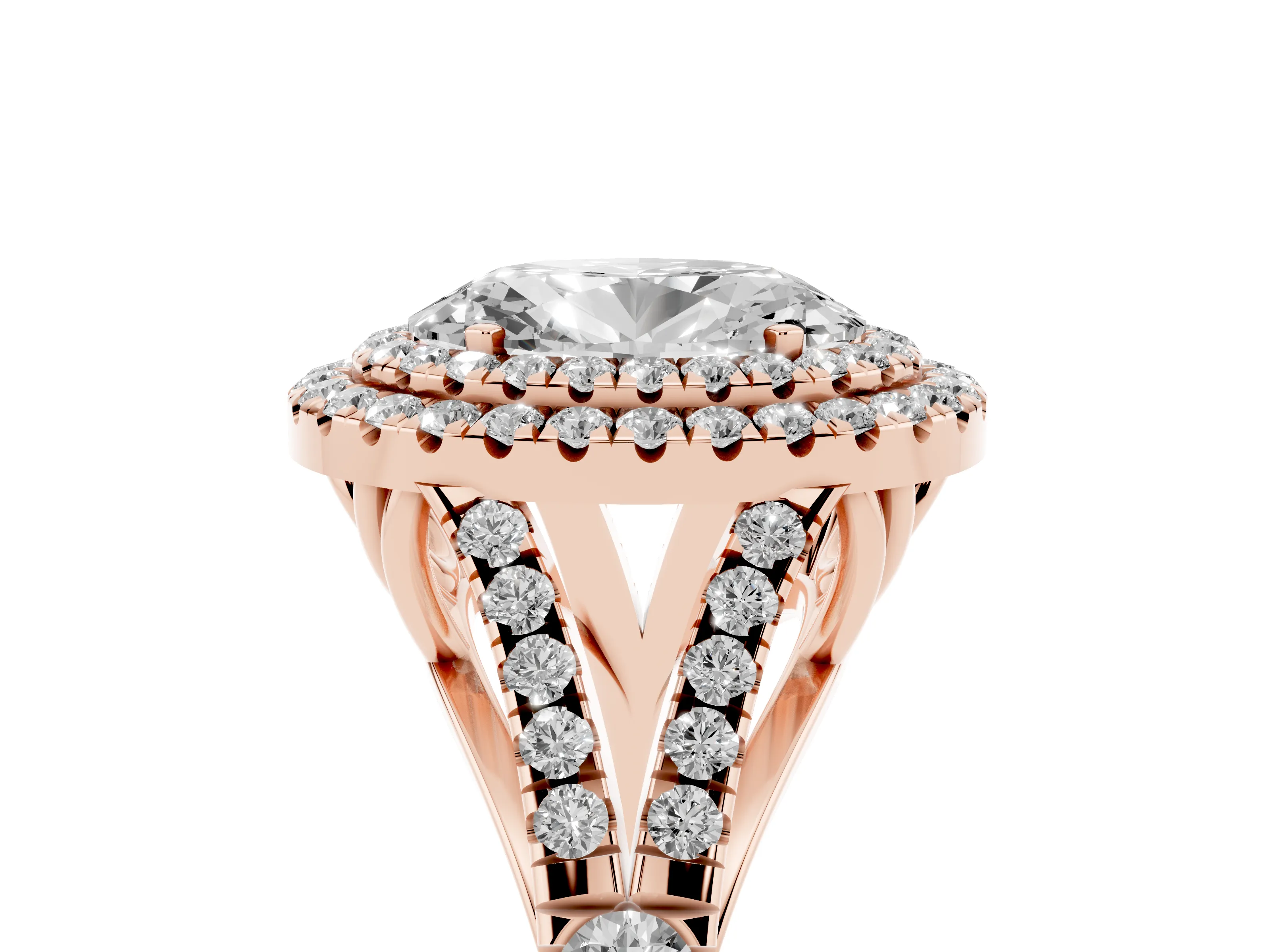 Oval Cut Diamond Pavé Split Shank Double Halo Engagement Ring Set in Rose gold