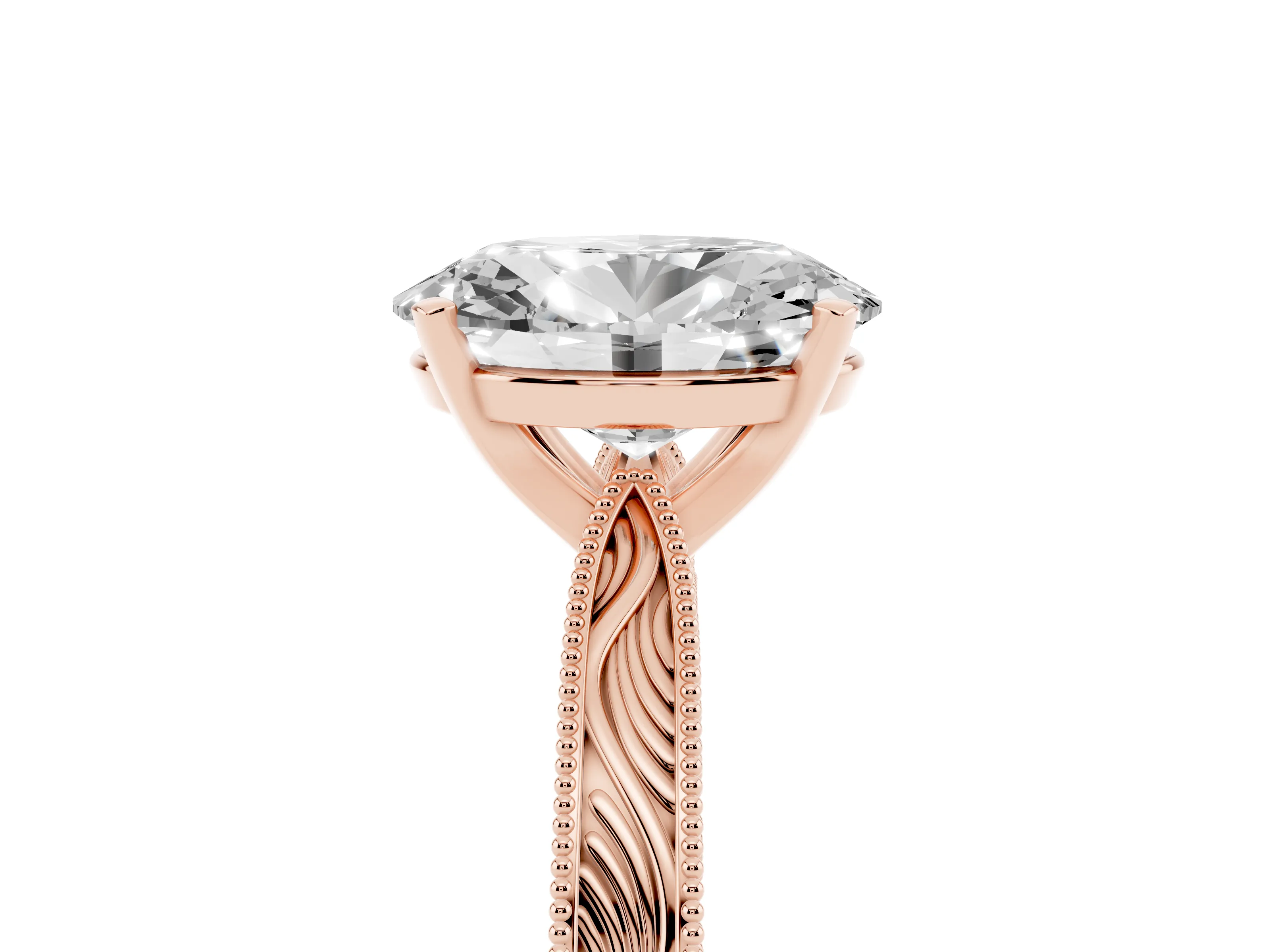 Oval Cut Diamond Solitaire Milgrain Engraved Band Set in Rose gold with Prong Setting