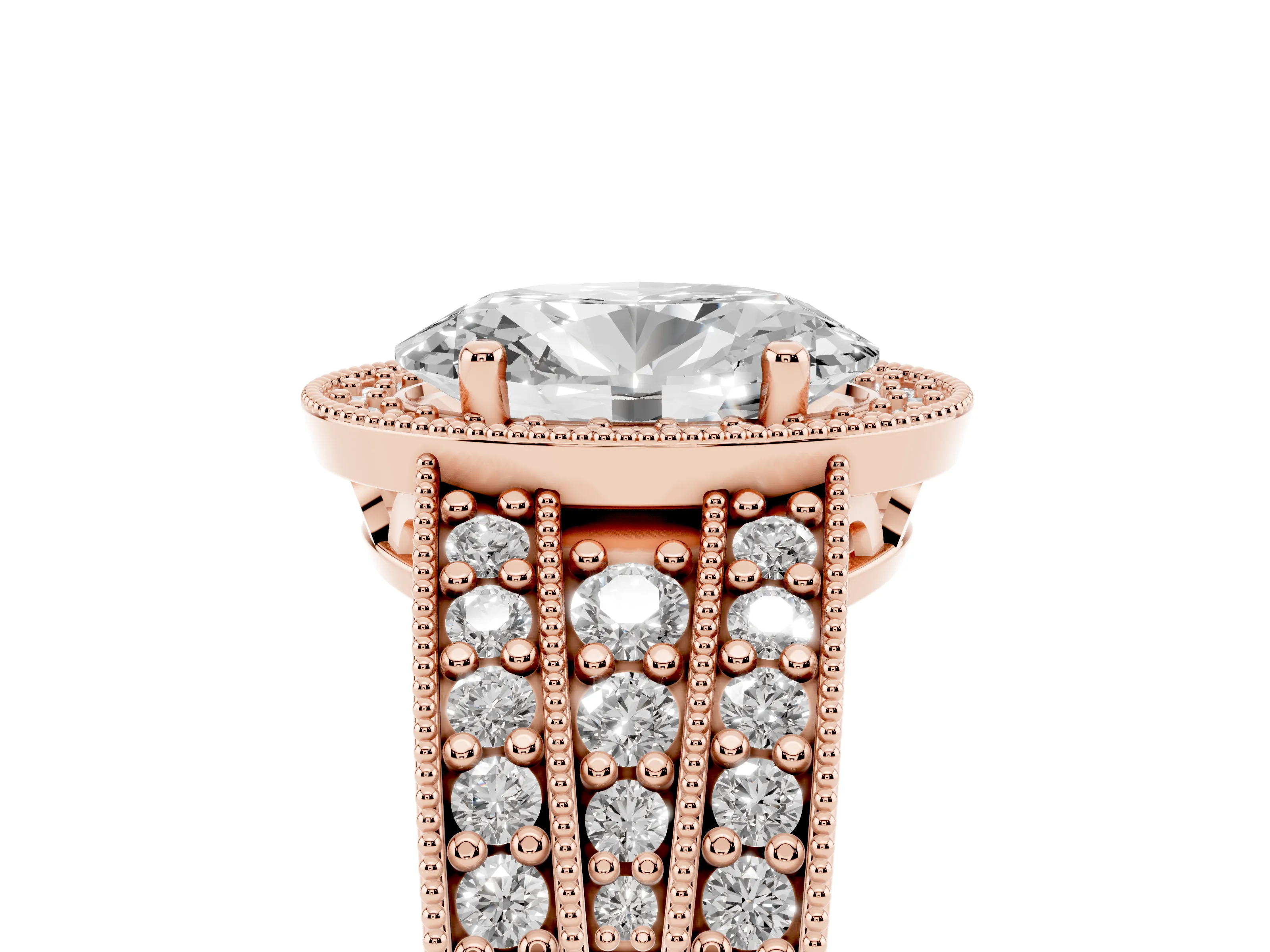 Oval Cut Diamond Halo Ring Set in Rose gold with Accent Split Shank and Prong Setting