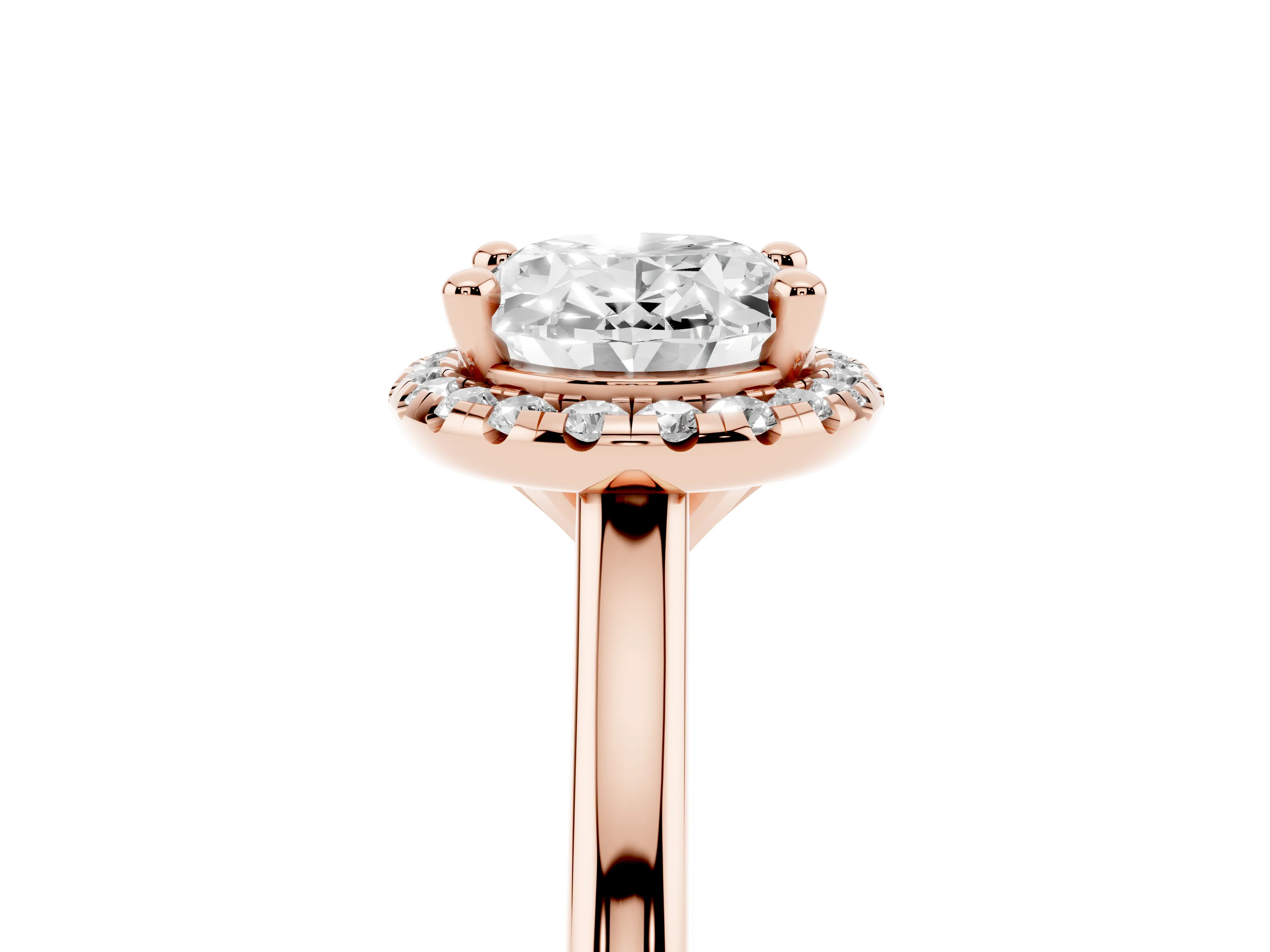 Oval Cut Diamond Halo Engagement Ring Set in Rose gold with Pavé Band and Rising Shoulders