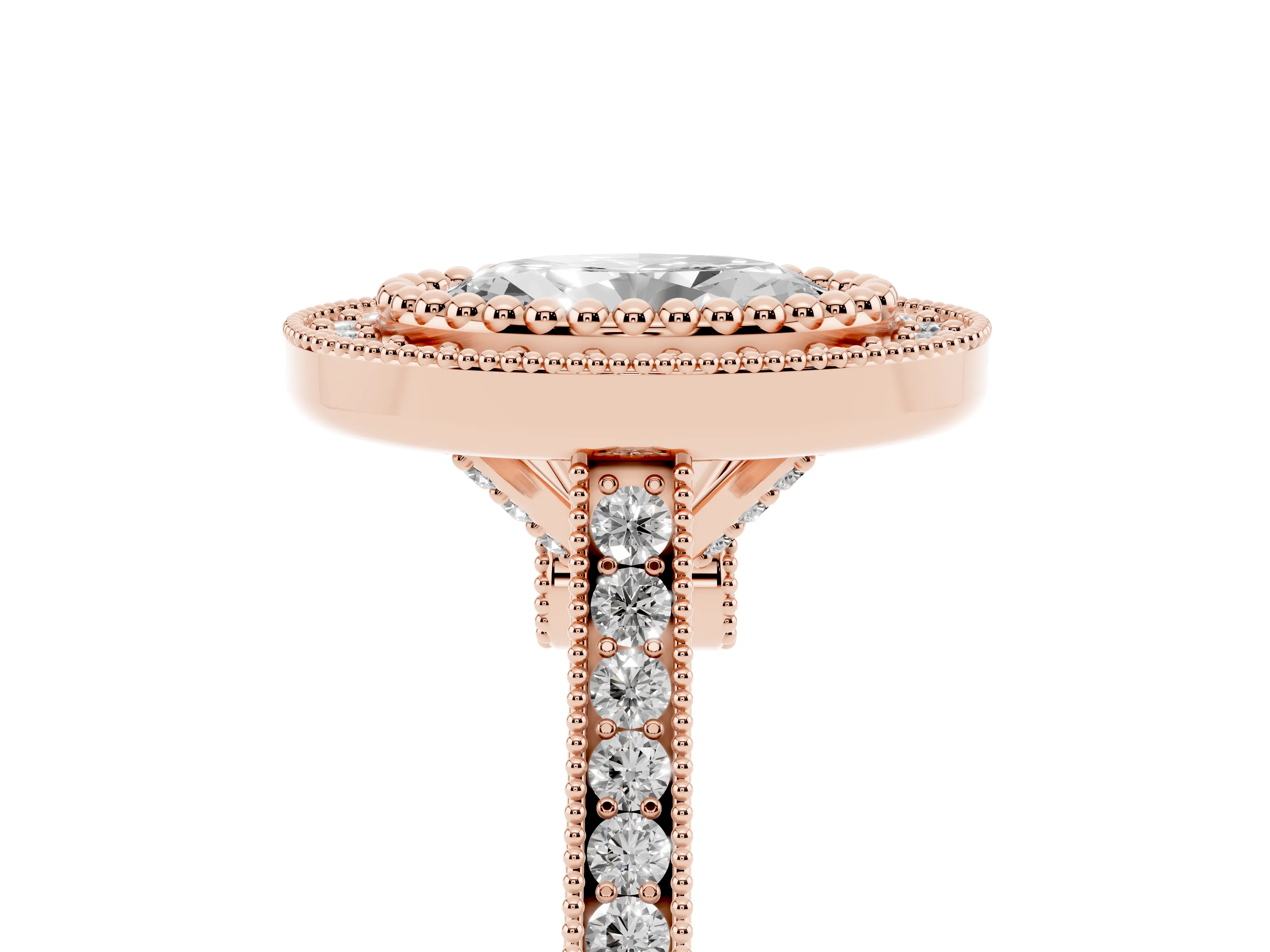 Oval Cut Diamond Halo Ring Set in Rose gold with Milgrain Frame and Pavé Band