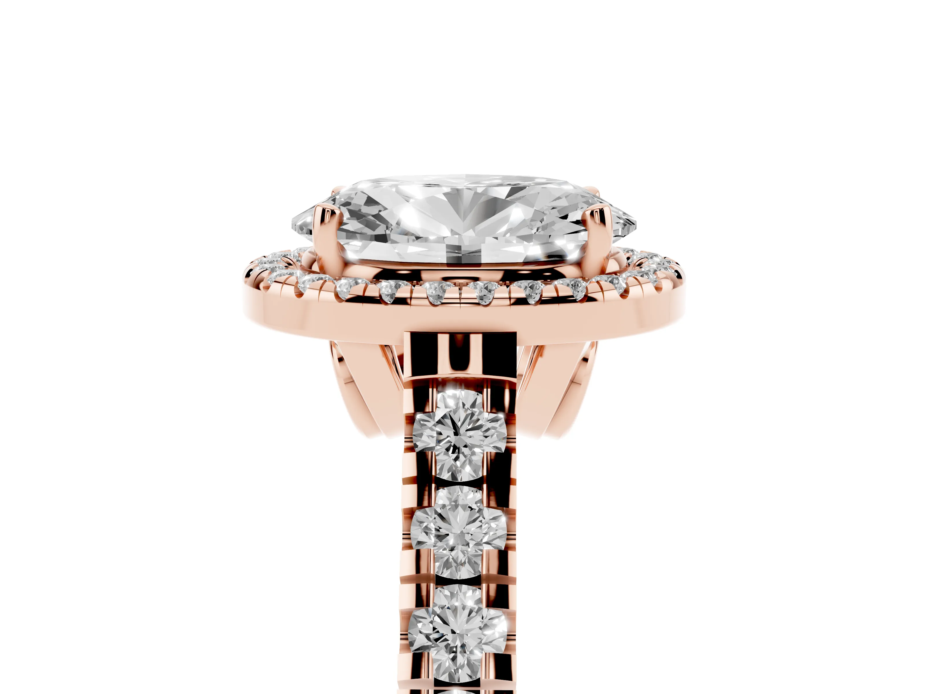 Oval Cut Diamond Halo Engagement Ring Set in Rose gold with Pavé Band and Prong-Set Center